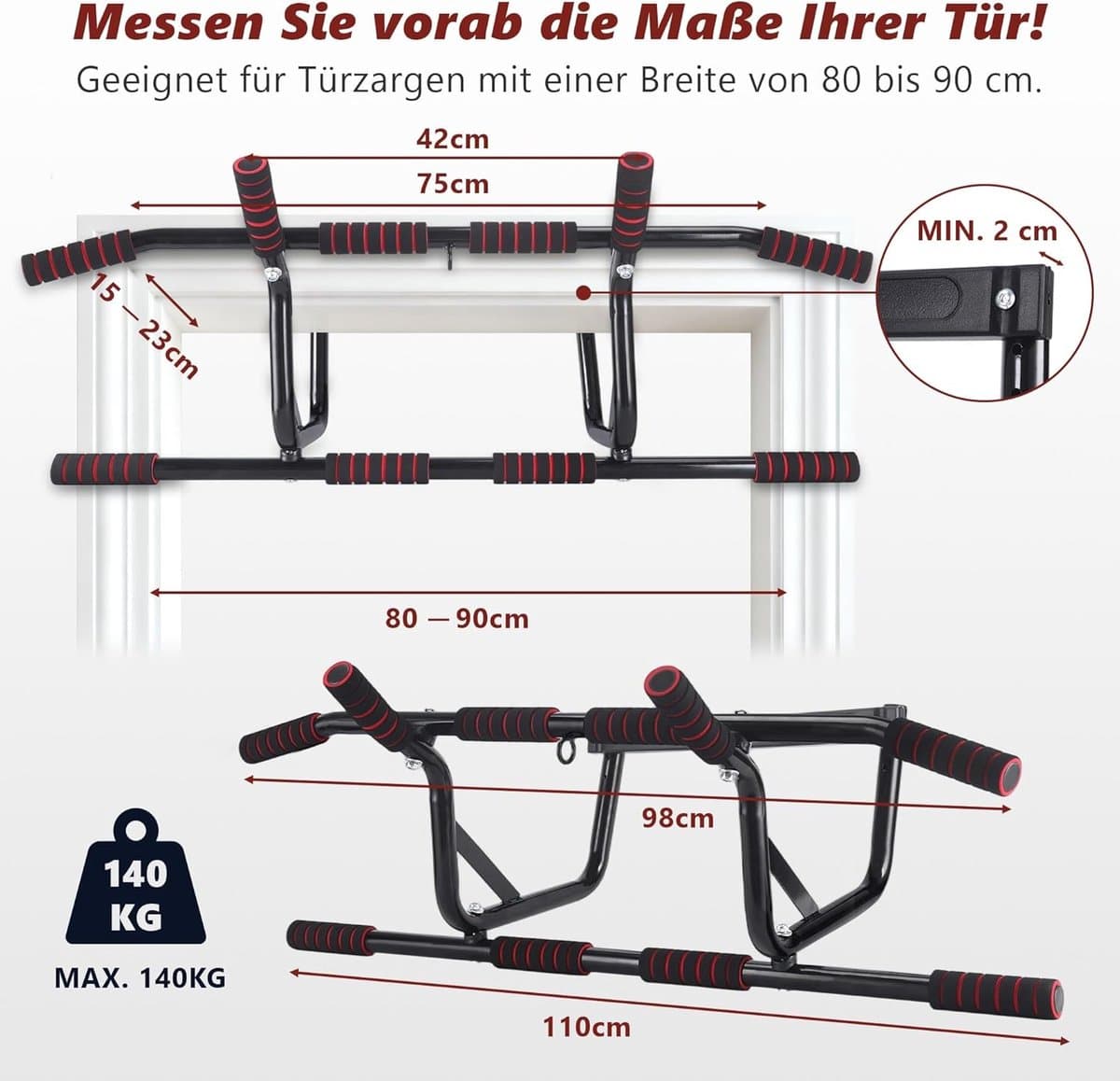 NETTLIFE Pull Up Bar - Pull-upstang voor deurkozijn - 140kg Draagkracht - met gewatteerde antisliphandgrepen - Optrekstang Wandmontage - Trainingsapparaat voor deurkozijn 80-90 cm - Pull Up Station voor Thuis Sporten - Thuis Fitness - zwart thumbnail 4