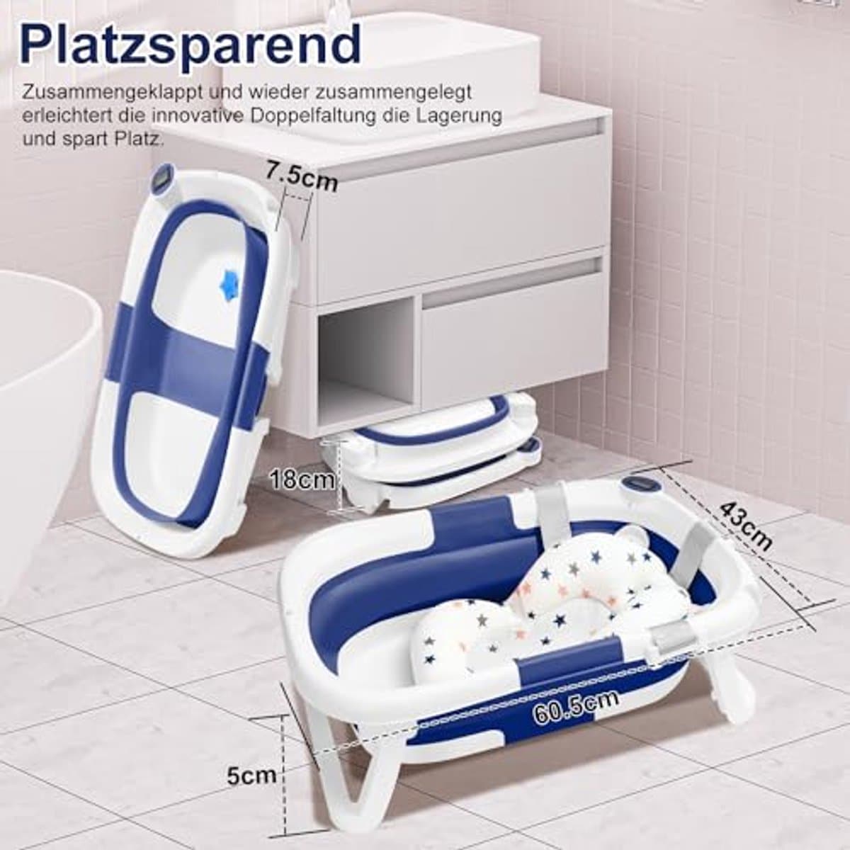 Opvouwbare babybadkuip voor pasgeborenen en peuters met thermometer - Draagbare babybath voor 0-36 maanden in blauw thumbnail 4