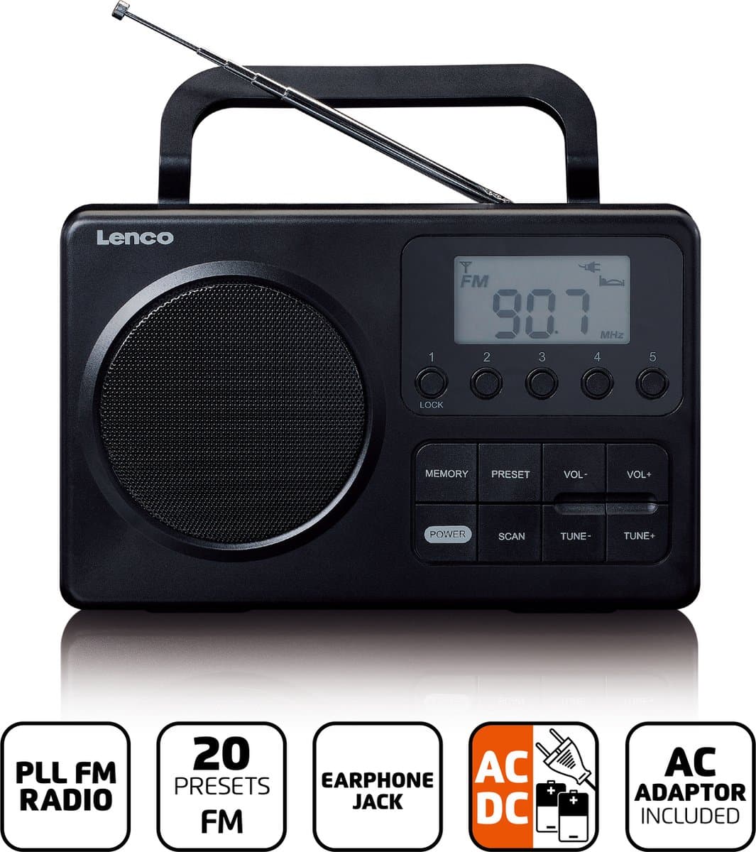 Lenco MPR-035BK Draagbare Radio op Batterijen en Netstroom - Compacte FM Radio met LCD-scherm, 20 Voorkeurzenders en Noodradio Functie - Zwart thumbnail 4