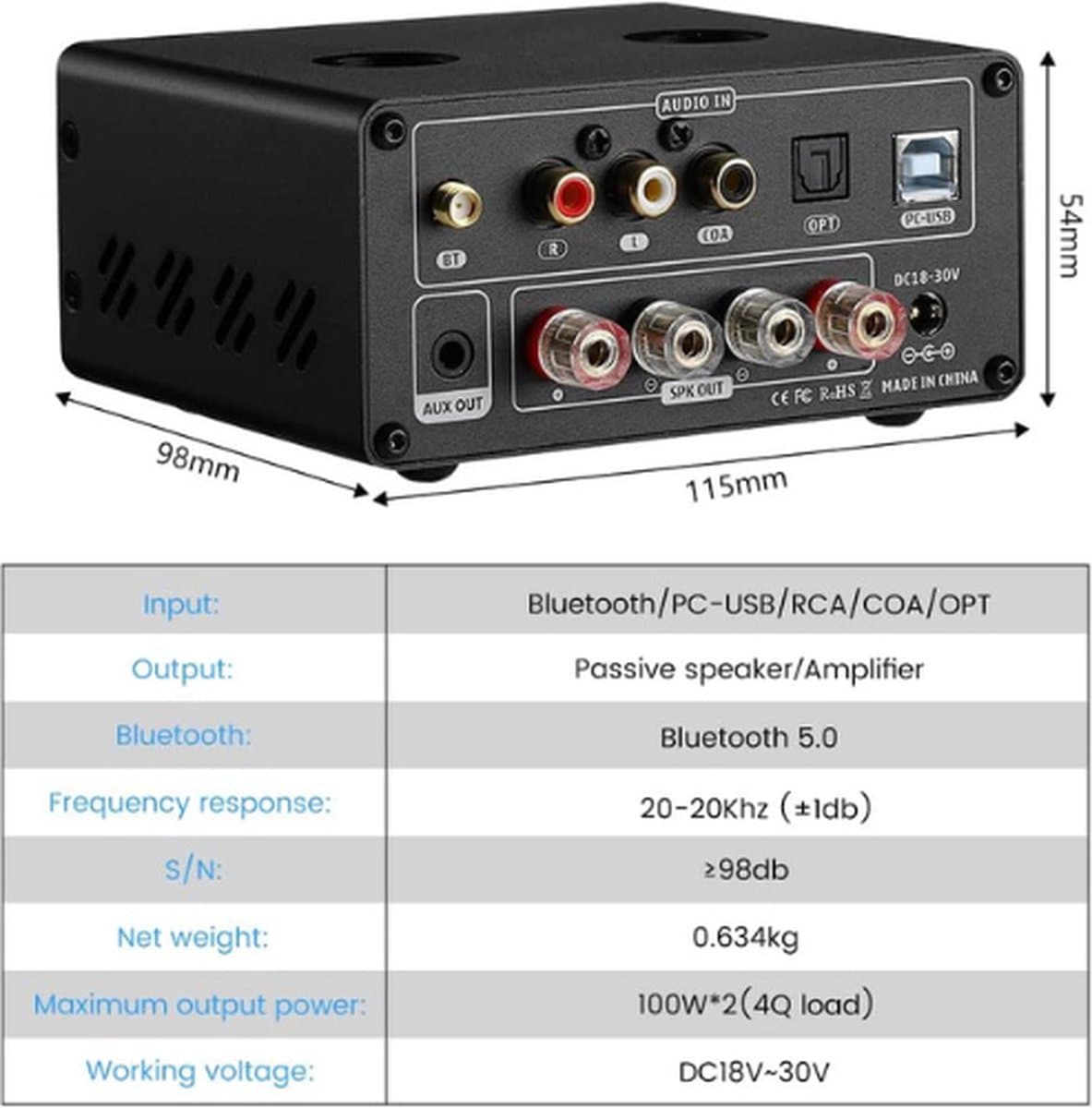 Digitale versterkers - Bluetooth 5.0 – Vacuümbuisversterker – Stereo ontvanger Amp - Coax/Opt HIFI Home Audio – USB/RCA - met VU-meter - Zwart thumbnail 7