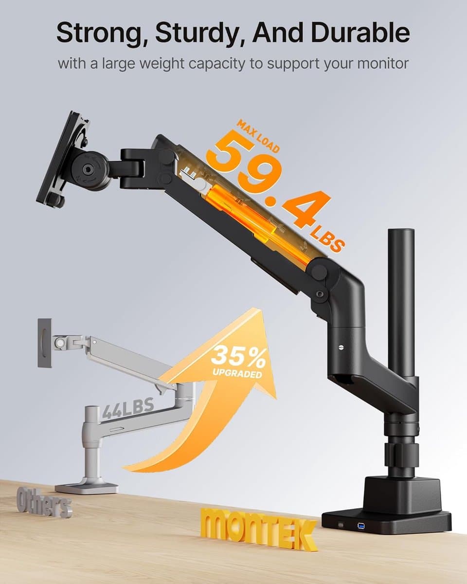 Zware Enkele Monitorarm voor Grote Schermen tot 57 inch en 27 KG, Gasveer Verstelbare Monitorstandaard thumbnail 7