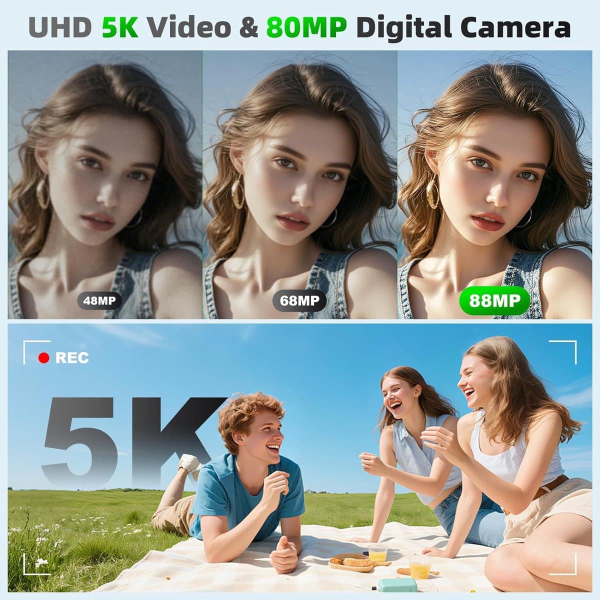 Camera - 5K Digitale camera - 80MP camera met dubbel scherm voor fotografie en vloggen, 18x zoom, autofocus, invullicht, compacte vlogcamera voor studenten, reizen, tieners en beginners, inclusief 64GB geheugenkaart fototoestel（zwart） thumbnail 2