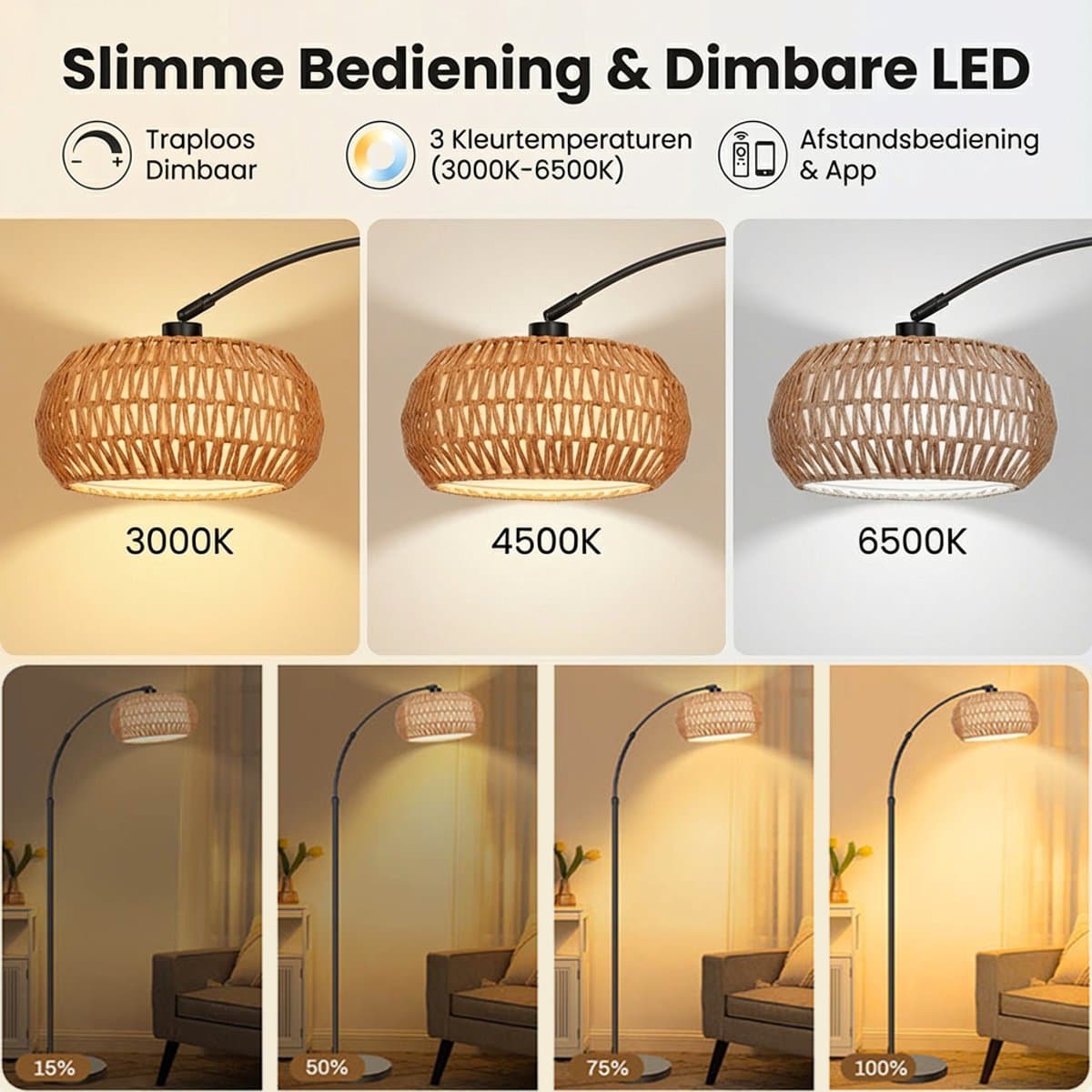 MUPOO Rotan Vloerlamp - Boho Leeslamp Woonkamer - E27 Staande lamp - met afstandsbediening - Stoffen Lampenkap - Dimbaar - 185cm - voor gebruik in slaapkamers thumbnail 3