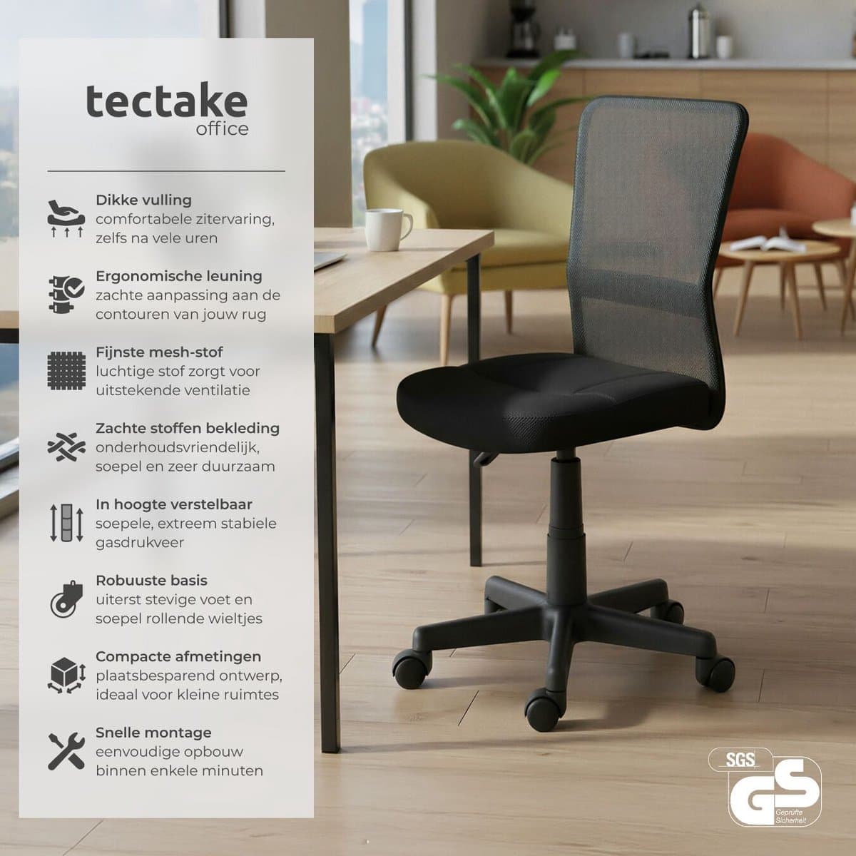 tectake® Ergonomische Bureaustoel - Draaistoel met Wielen, Gamingstoel, Comfortabel Meubilair voor Studeer- en Kinderkamer, PC- en Computerbureau - Zwart thumbnail 2
