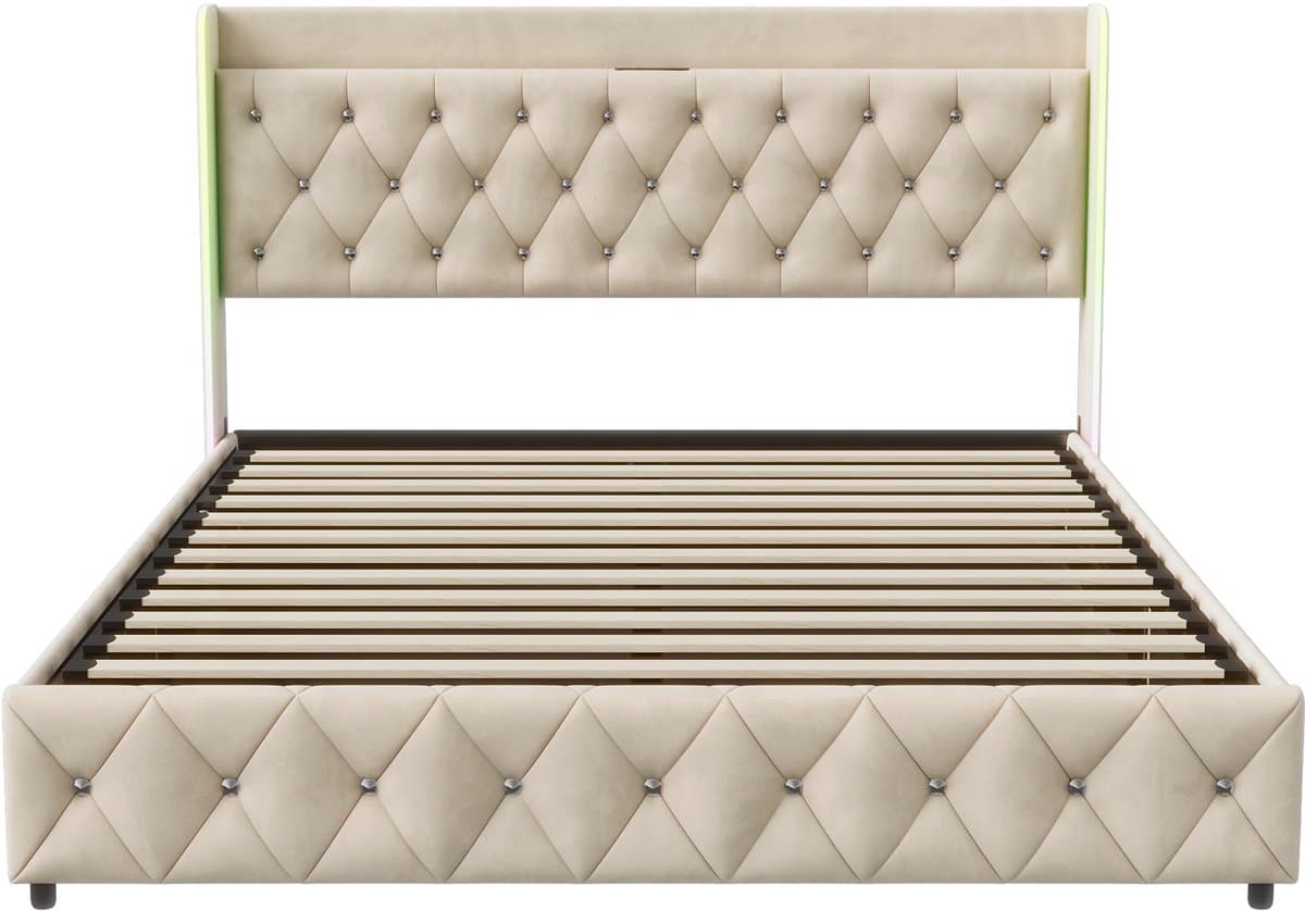 Opbergbed met gaslift 160x200 cm – Tweepersoonsbed – Beige fluweel – Met LED-verlichting, USB & Type-C – Bedframe met opbergruimte thumbnail 7
