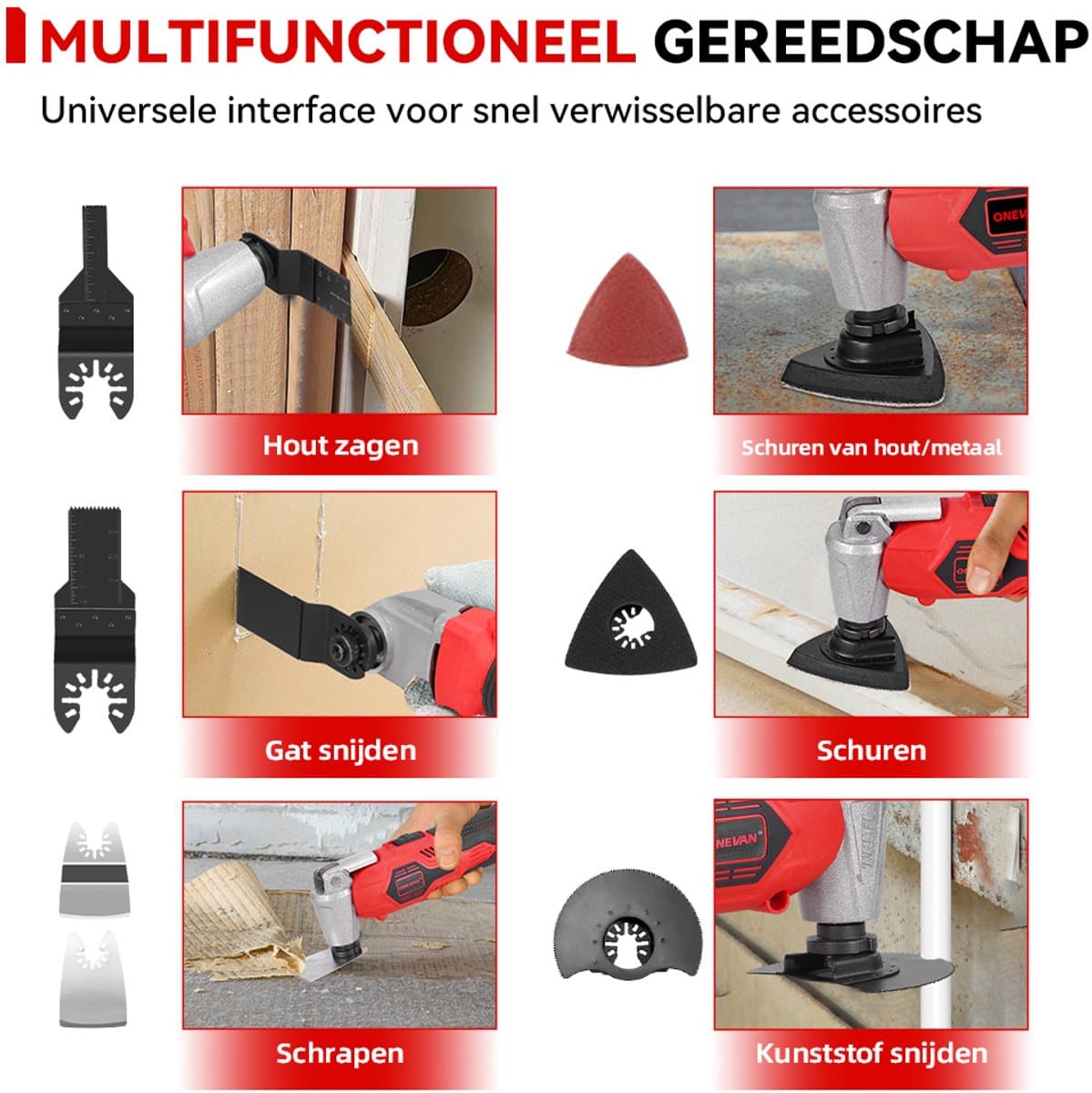 ONEVAN Accu Multitool - met 2x Accu's & 22x Accessoires - Oscillerend Gereedschapsset - 20.000 tpm - 6 variabele snelheden - voor verwijderen, schrapen en zagen thumbnail 5