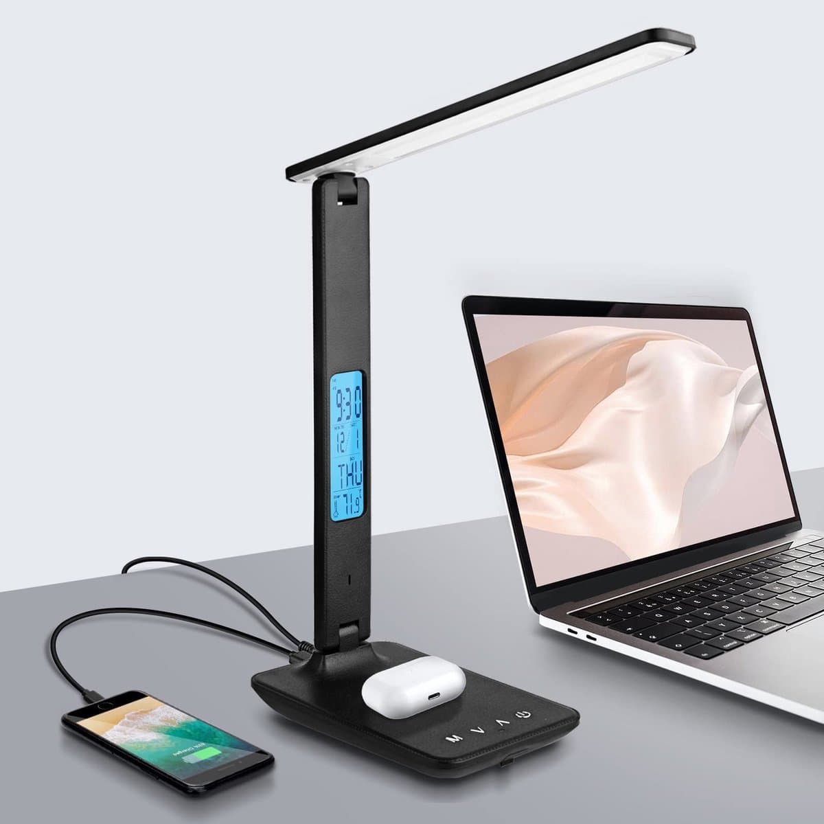 Bureaulamp - LED - USB en Draadloos Mobiel Opladen - Leeslamp - Bedlamp - Touch Control - Leeslamp Staand - Wireless Charger - Desk Lamp - Zwart thumbnail 5