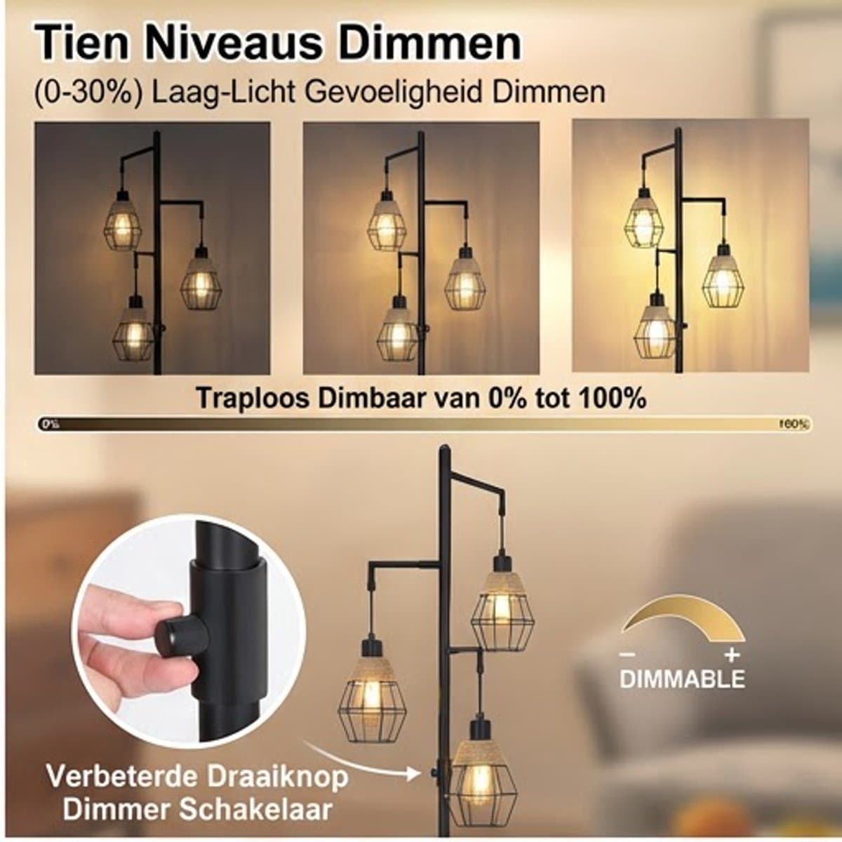 MUPOO Industrieel Vloerlamp Zwart met 3-Lichts - Staande Lamp met 3 Metalen Kappen & Henneptouw - Hoeklamp Woonkamer & Slaapkamer thumbnail 3