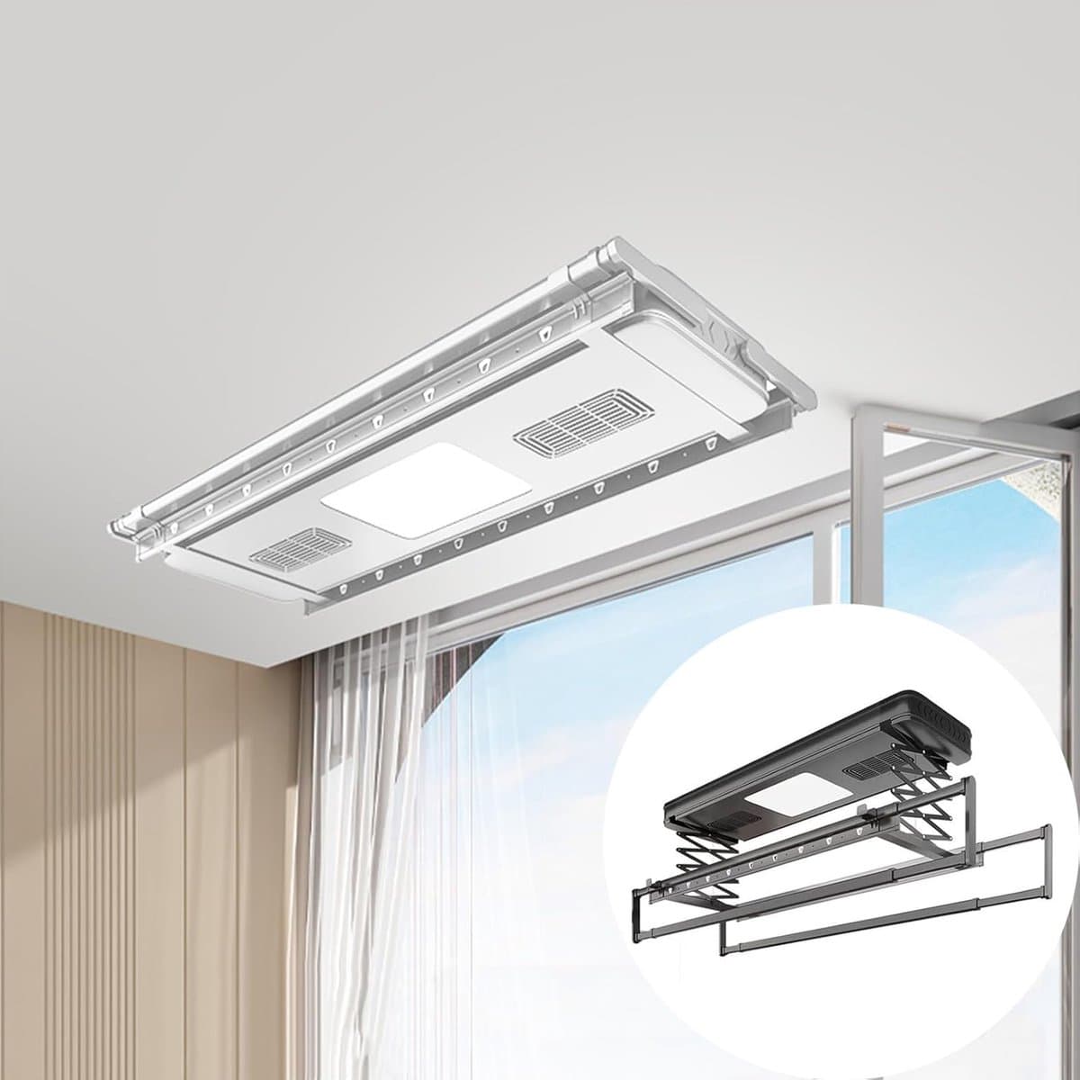 Elektrisch Droogrek - Plafond Droogrek - Ruimtebesparend Wassen - Automatisch Tillen - 119cm Breed - Wit thumbnail 6
