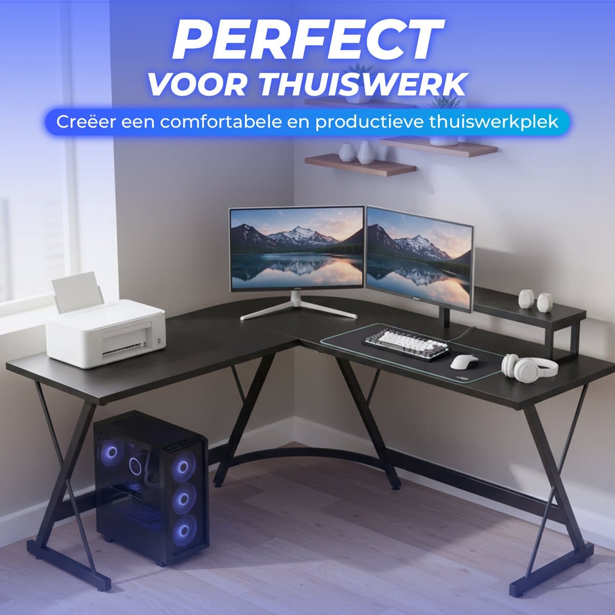 Lexorion L-Vormig Game BureauHoekbureau | Game Bureau | Game Bureau Zwart | Computerbureau – Gaming Bureau – Waterproof & Krasbestendig – Monitor Stand thumbnail 7