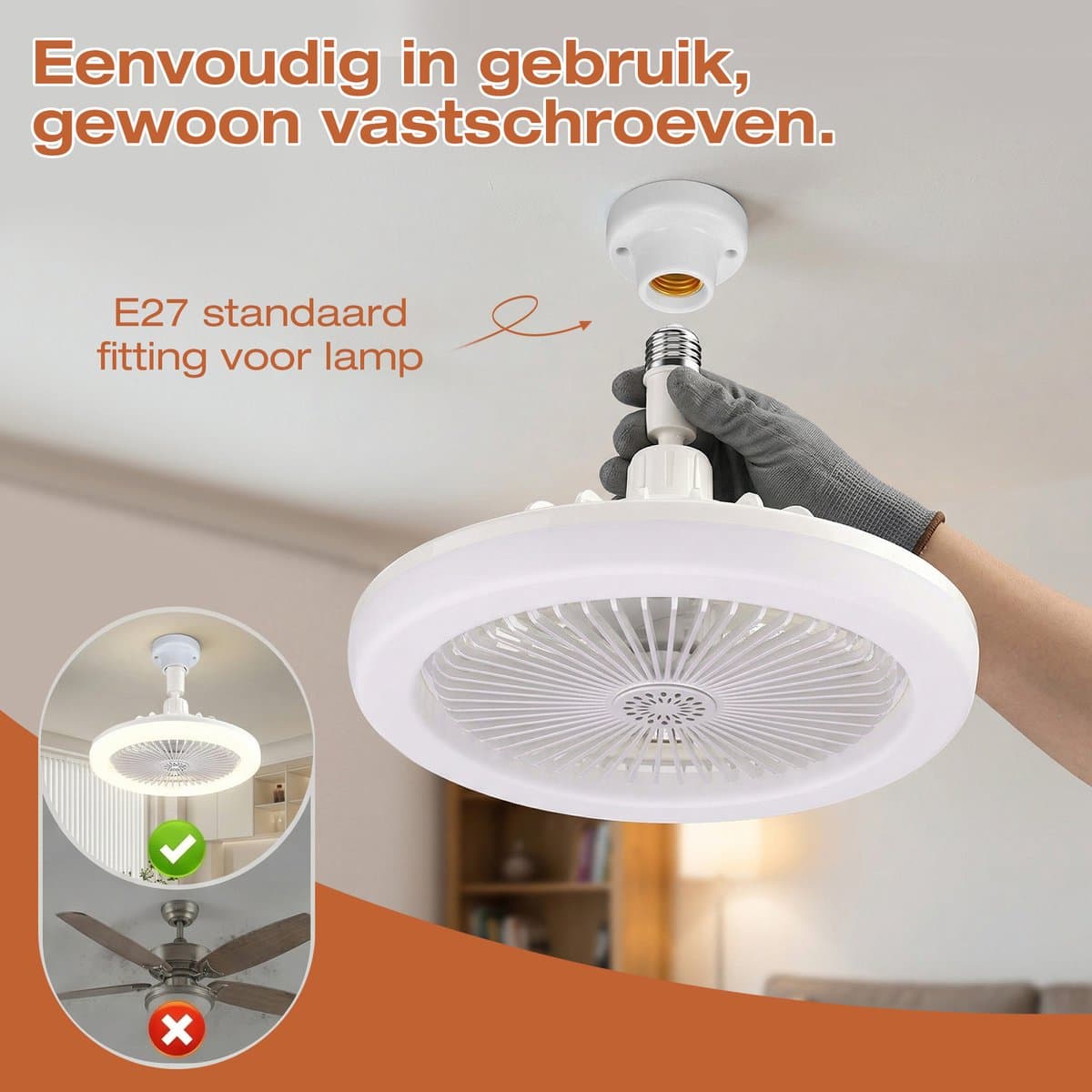 MUPOO Plafond ventilator met LED verlichting E27 Fitting met 360° Draaibaar-APP & Afstandsbediening - Plug & Play -3 Snelheden & Dimbaar - Mini Ventilatorlamp Ø 25cm- lamp ventilator plafond Voor Slaapkamer & Garage - wit thumbnail 7