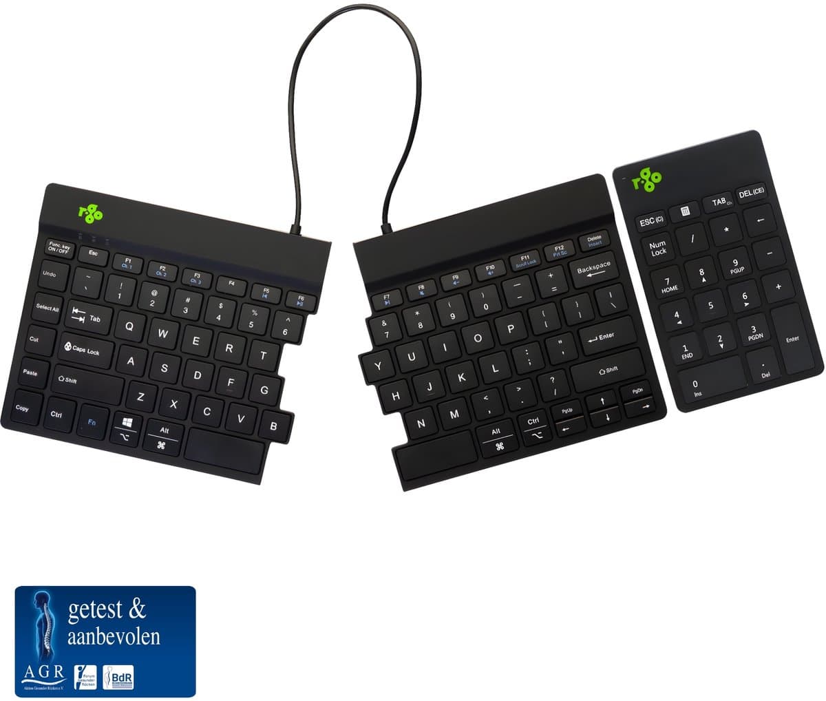 R-Go Split Break - Ergonomisch Toetsenbord & Numpad - Bluetooth - Break software - QWERTY US - Draadloos - Zwart