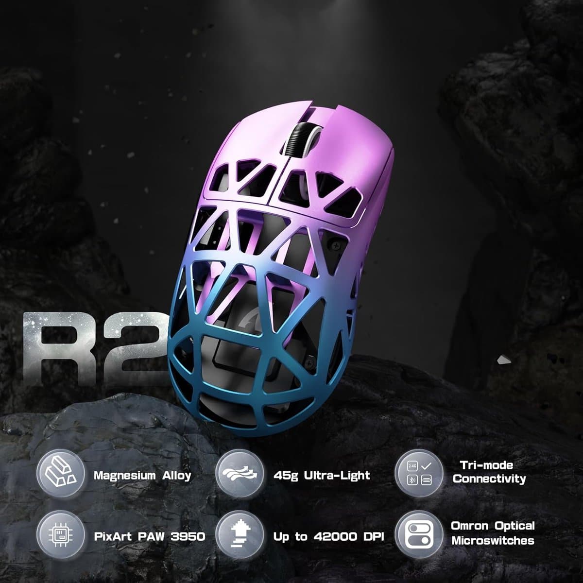 ATTACK SHARK R2 - Draadloze Gaming Muis - Magnesium Alloy - PAW3950MAX - Ultralichte(45g)- Wired/2.4G/BT5.2 - 42000DPI - Twilight Purple thumbnail 2