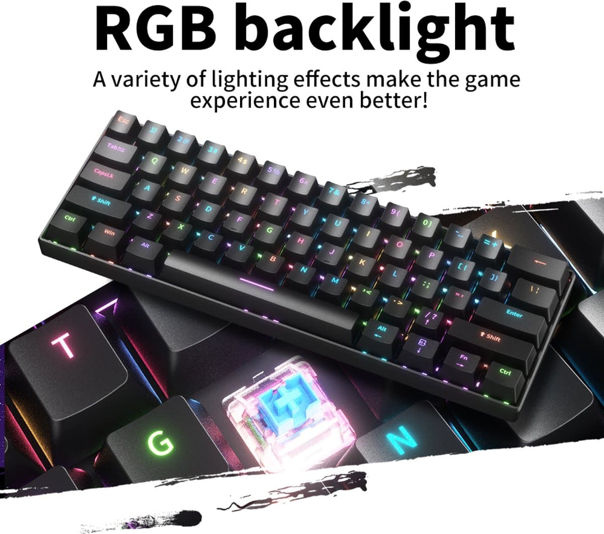 Furycube H61K - Mechanisch Gaming Toetsenbord - 61 Toetsen - Bedraad - RGB Verlichting - Soldeerbare Switches - Zwart thumbnail 3