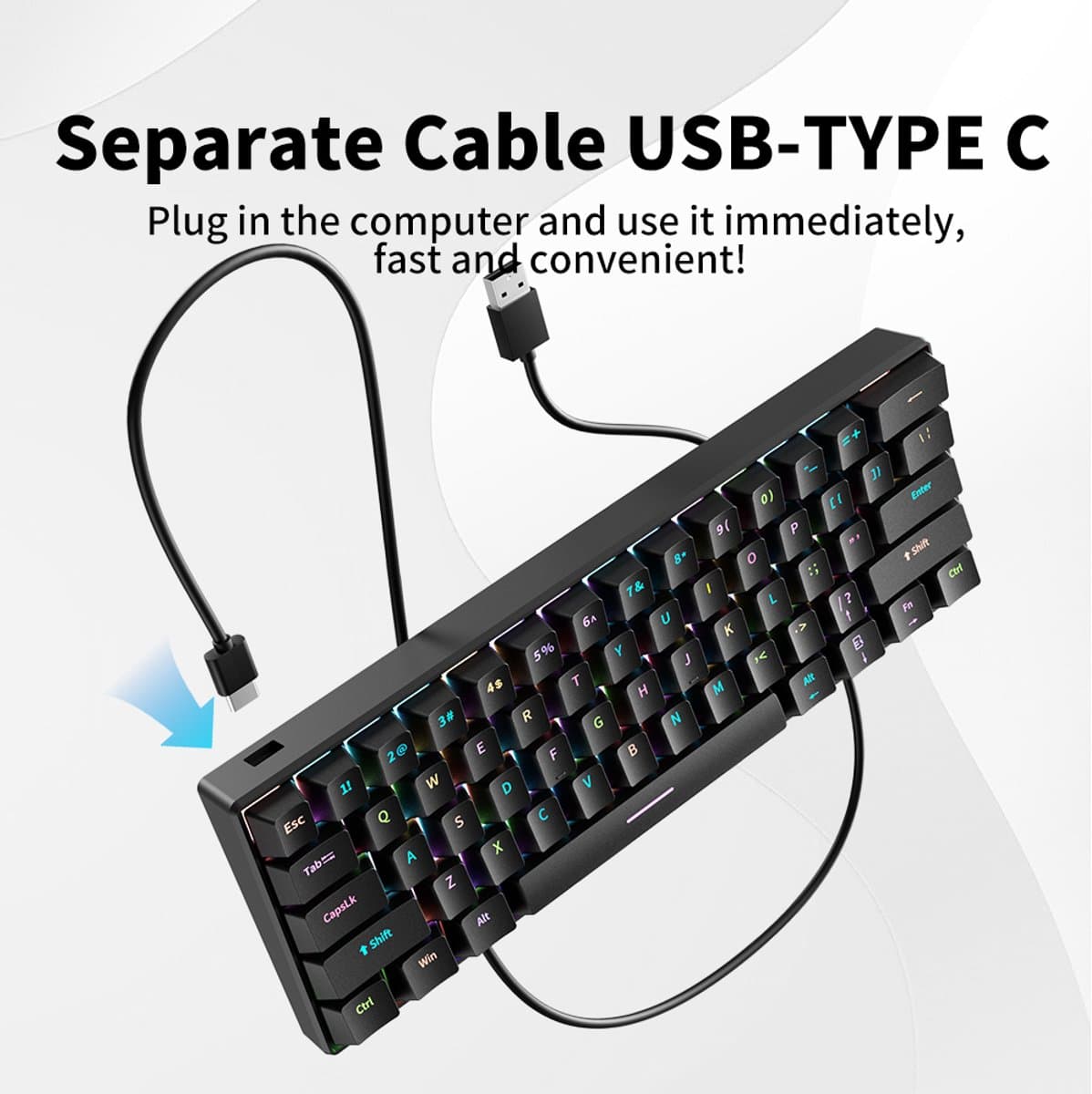 Furycube H61K - Mechanisch Gaming Toetsenbord - 61 Toetsen - Bedraad - RGB Verlichting - Soldeerbare Switches - Zwart thumbnail 2
