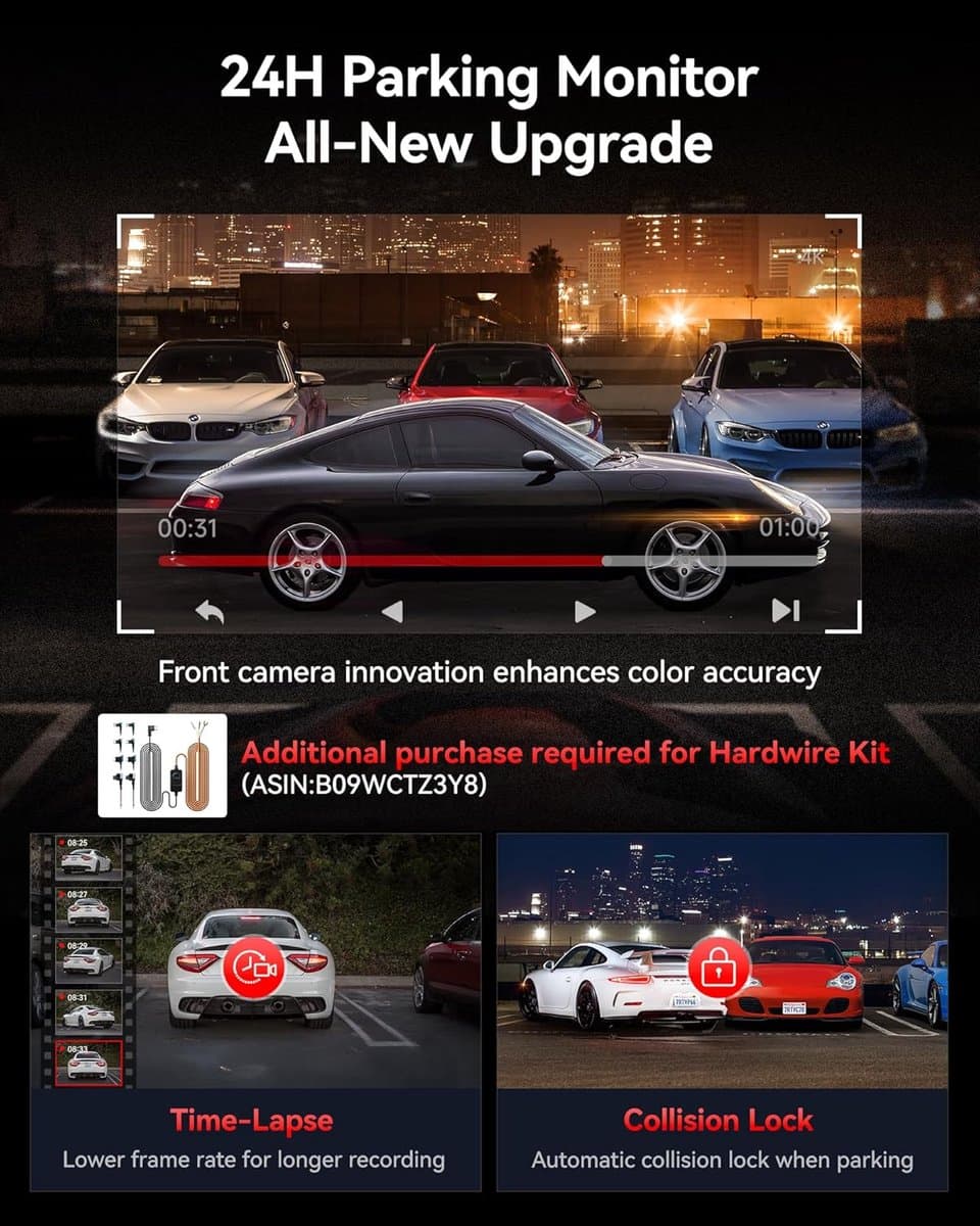 RedTiger Viewclear 70 - Dual Dashcam voor auto - Ultra 4K & 2,5K - Voor en Achter Camera - 2026 model - Met Touchscreen - WiFi en GPS - 3.20 Inch met App - Sony Sensor Nachtzicht - Dashcams - Parkeerbewaking - G Sensor - Loop opname - 128GB SD Kaart thumbnail 2