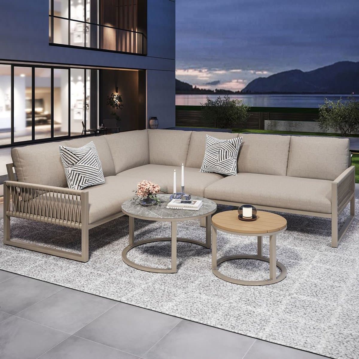BLACKCOLORS Tuinset, meubelset voor 6-7 personen, hoekbank met gegalvaniseerd ijzeren frame, verstelbare poten, inclusief alle zit- en rugkussens, beige