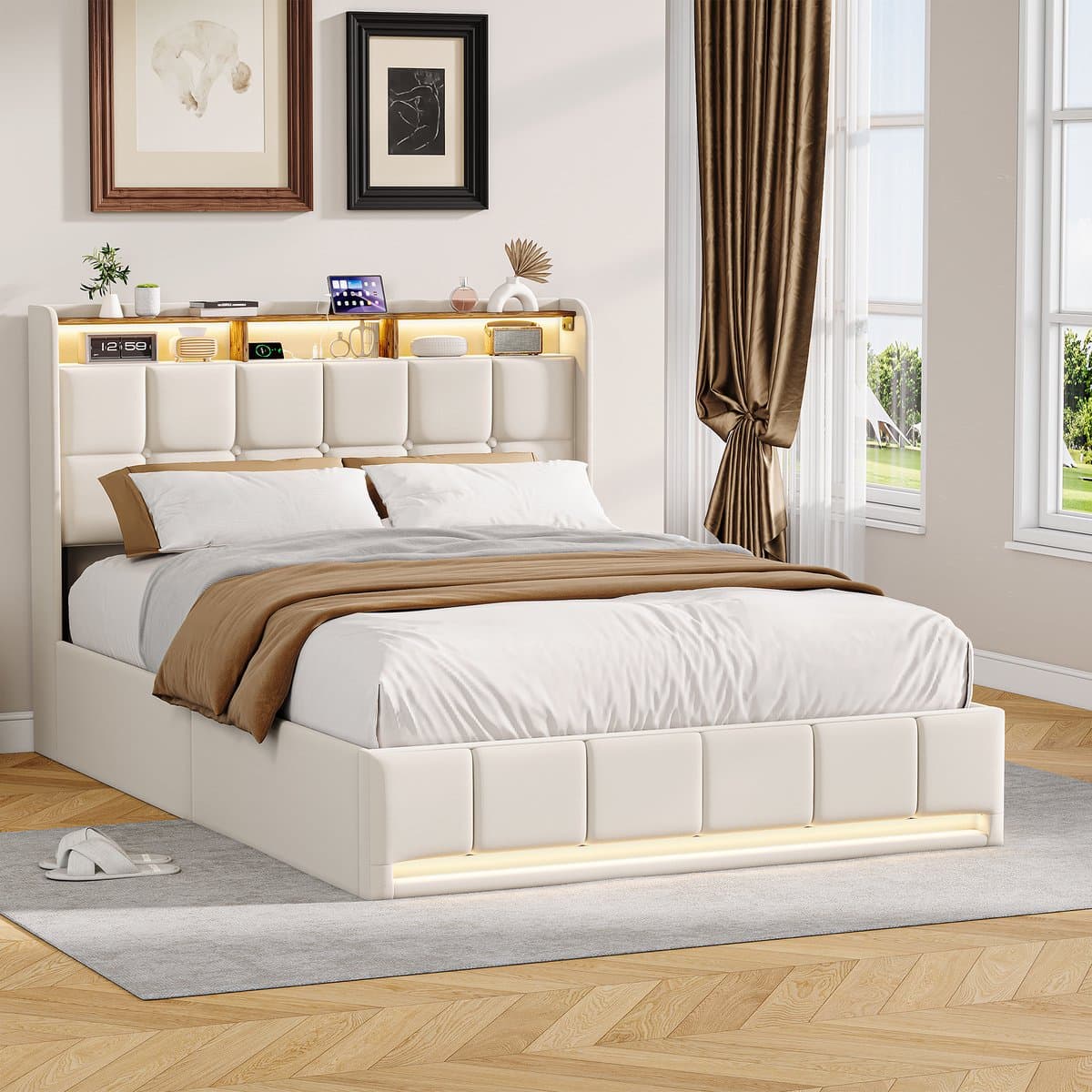 Opbergbed 160x200 cm Beige – Gestoffeerd Tweepersoonsbed met Gasveer, LED Hoofd- en Voetbord, USB/Type-C Oplaadpoort – Linnen Bedframe thumbnail 5