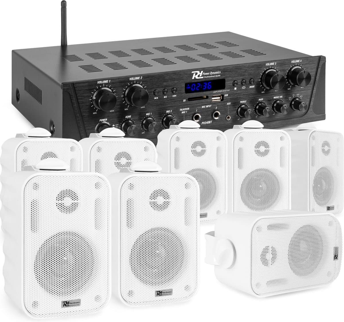 PV240BT 4-zone versterker met 8 Bluetooth speakers