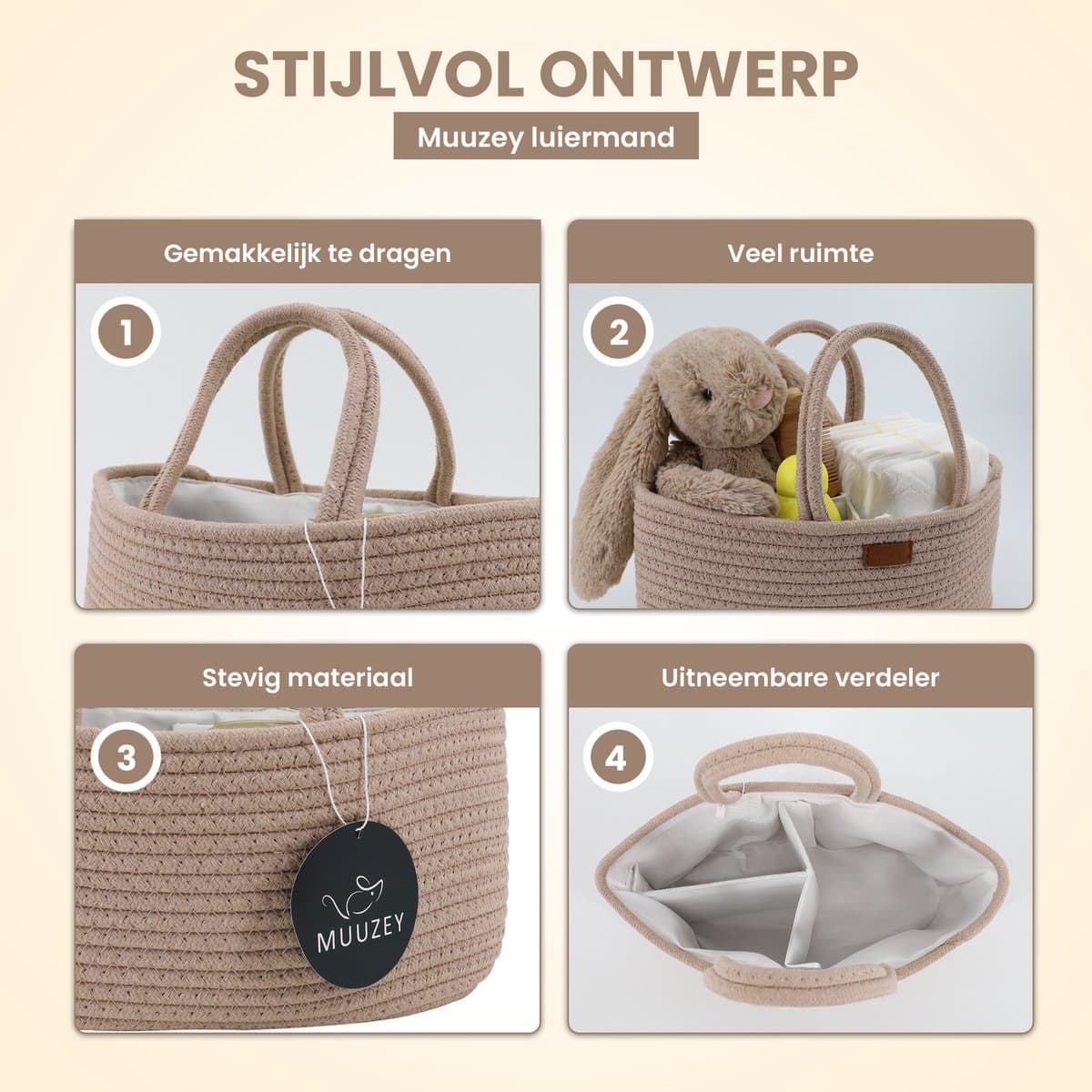 Muuzey Luiermandje - Crème - Luiermand - Luiertas en Commodemandje - Babykameraccessoires - Opbergmand kinderkamer - Kraamcadeau - Babyshower thumbnail 3