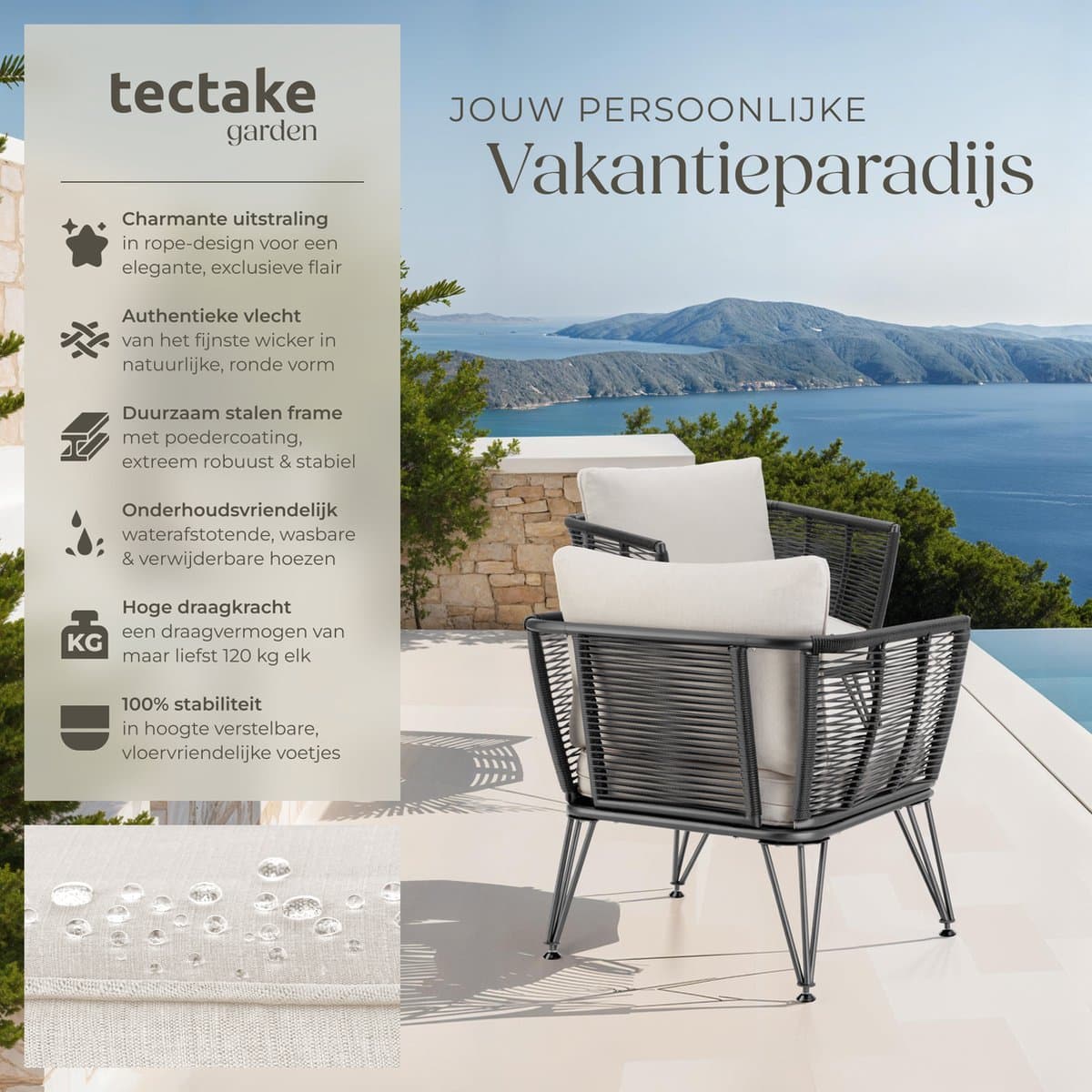 tectake® Loungestoelen Sundo - 2 Fauteuils voor Tuinset, Balkonset of Terras - Wicker Tuinstoelen Set in Rope-Design - Weerbestendig - Inclusief Kussens - Loungestoel Buiten - Loungeset Tuinmeubels thumbnail 6