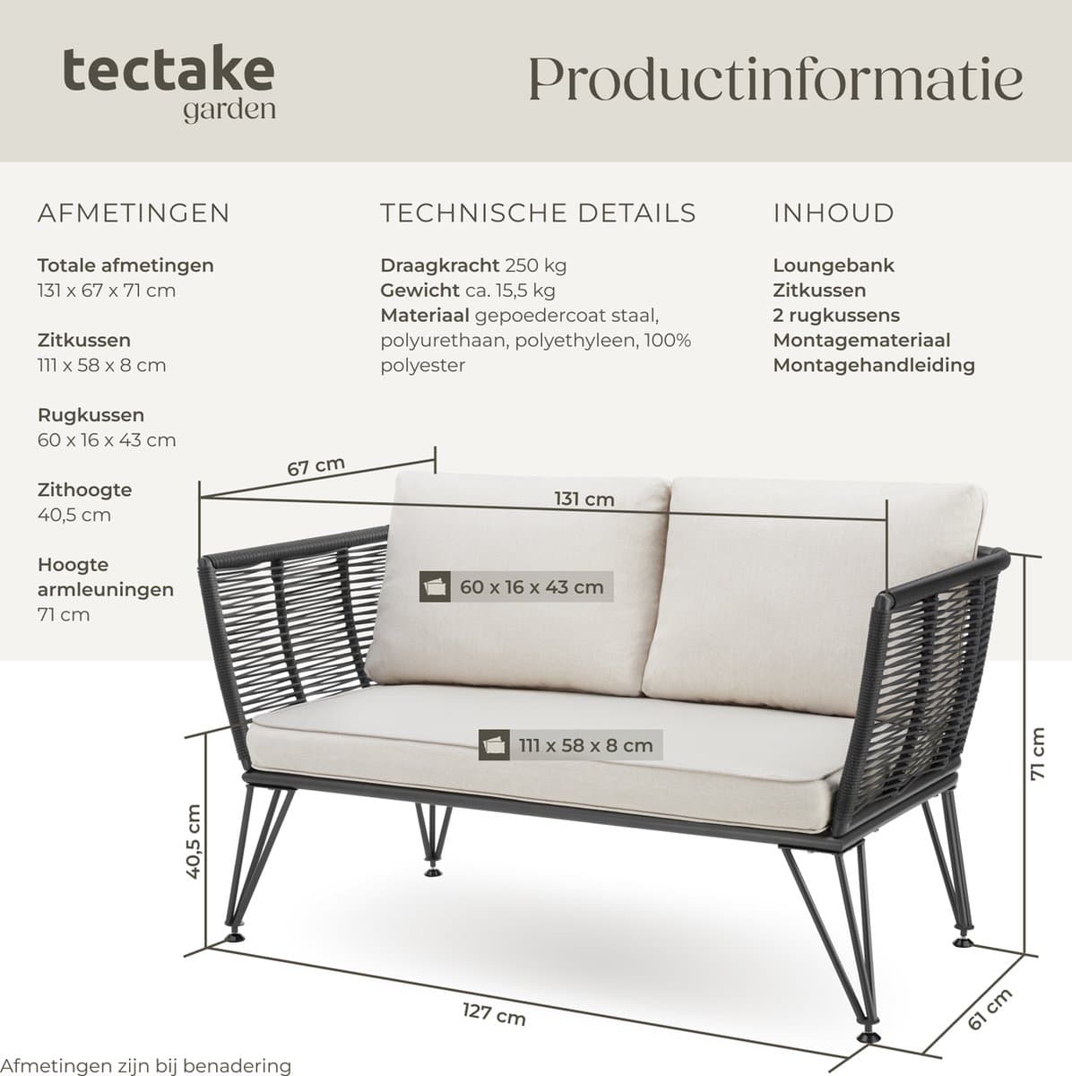tectake® Tuinbank Sundo - Wicker Loungebank - Rope-Design Lounge Bank met Dikke Kussens - Ideaal voor Balkon, Tuin of Terras - Weerbestendig thumbnail 4