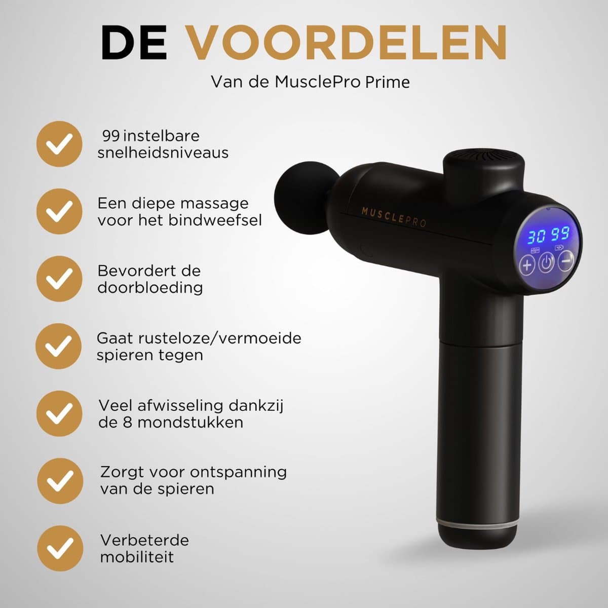 MusclePro Prime 12V massage gun: 99 standen, 8 mondstukken, koffer thumbnail 2