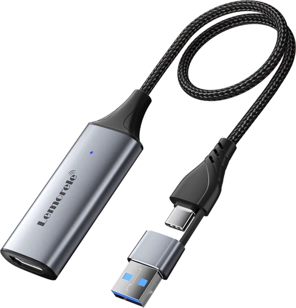 Lemorele AC05 – Video Capture Card – 1080P@60Hz – HDMI naar USB – USB-A & USB-C – Plug & Play – Aluminium Behuizing – Voor OBS/Streaming – Windows/Mac/Linux/Android
