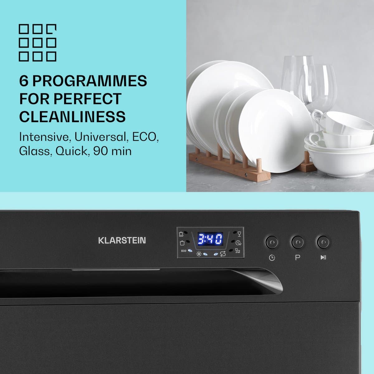 Klarstein Vaatwasser mini- voor 8 couverts, stille kleine vaatwasser met 6 wasprogramma's, kleine tafelmodel vaatwasser voor thuis, kantoor, camping, mini-vaatwasser met wateraansluiting - Vaatwasmachine - 8 Maatgedekken 49 dB 45 cm 1620W thumbnail 4