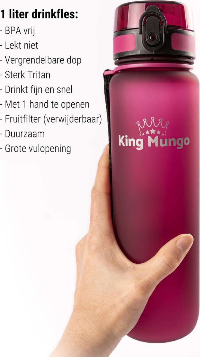 King Mungo Waterfles 1 Liter Mat Paars Rood - Drinkfles & Sport Bidon Volwassenen - 100% Lekvrij & BPA-vrij Tritan - Stijlvol Design Zonder Rietje - Drinkbus 1000ml Cadeau thumbnail 4