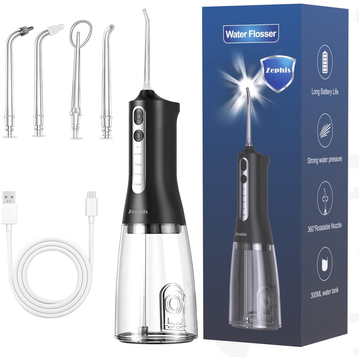 SnelShoppen - Draadloze Mondirrigator - 300 ml Waterflosser - Elektrische Interdentaalreiniger - 4 Modi en 4 Mondstukken - Oplaadbaar en IPX7 Waterdic