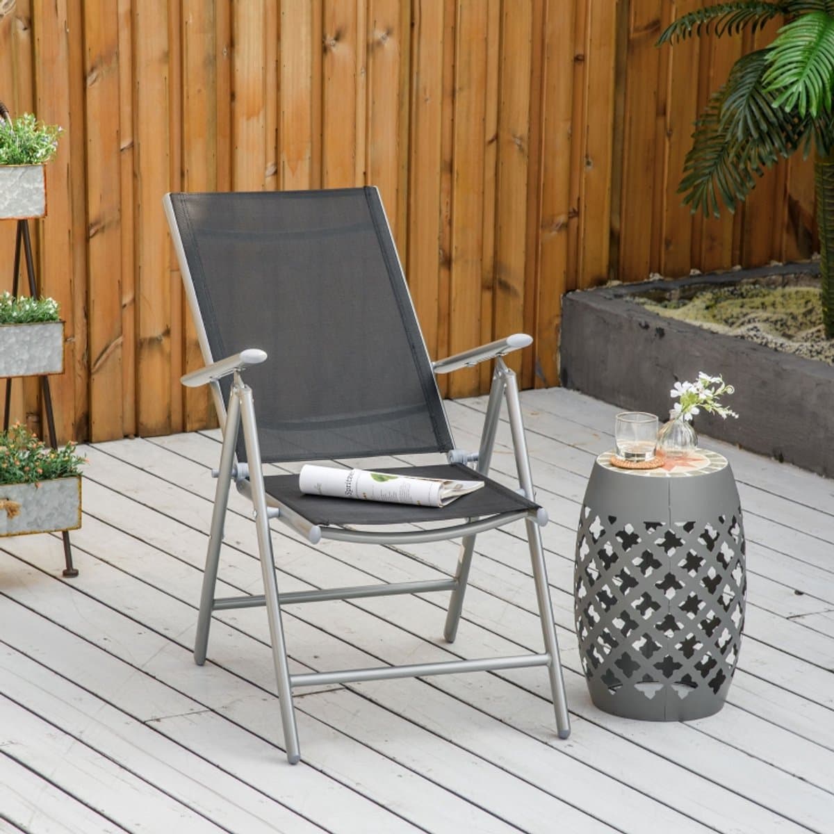 Set van 2 opvouwbare tuinstoelen van aluminium en Texteline met in 7 standen verstelbare rugleuning, zwart, 65 x 55 x 85–105 cm thumbnail 2