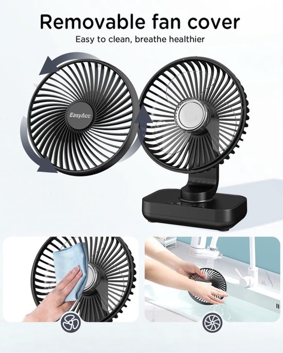 Solvix tafel ventilator geluidloos - Tafelfan - Zwart - Automatische Oscillatie - Oplaadbare Accu - Voor Thuis en Onderweg thumbnail 3