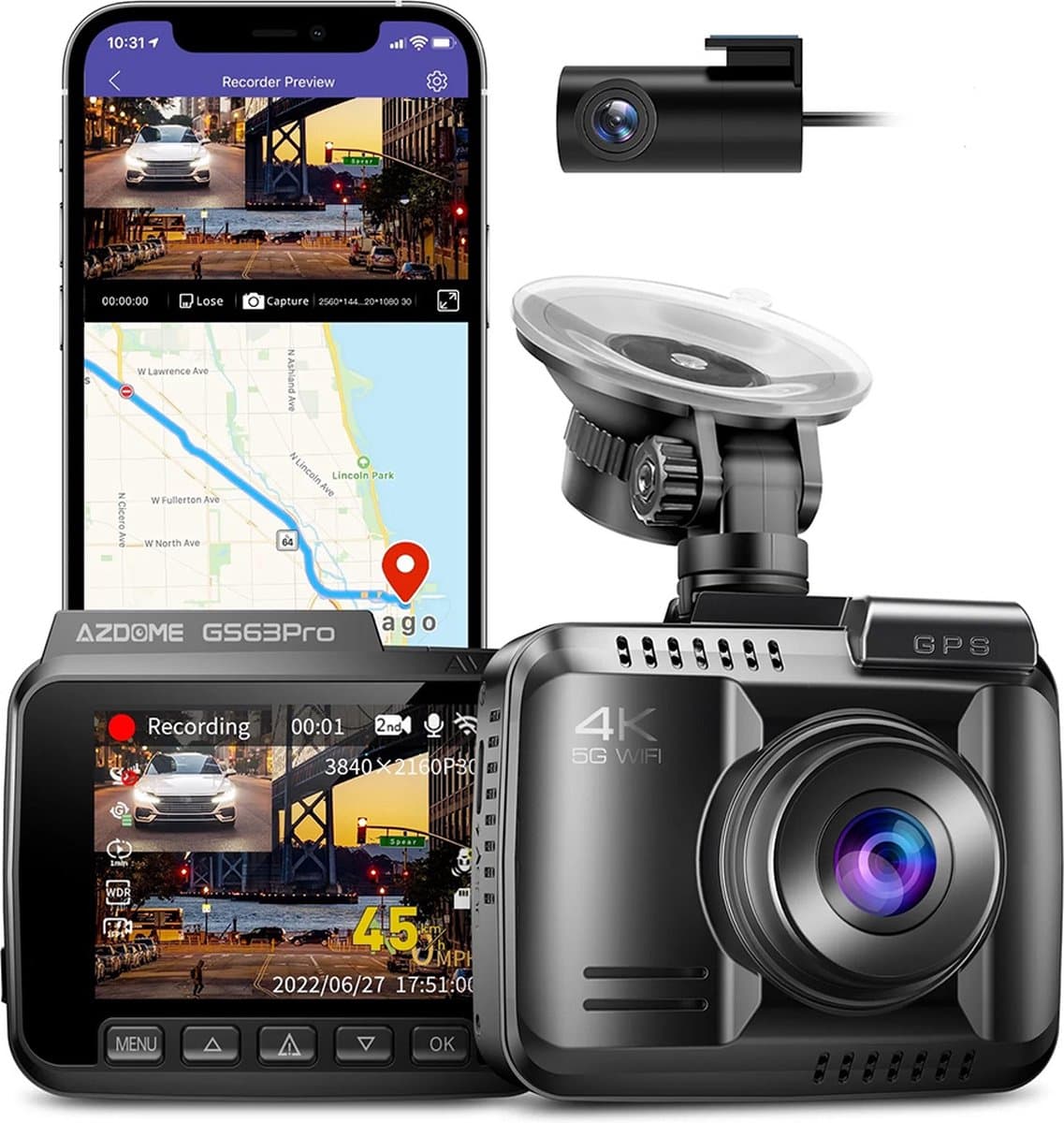 AZDome GS63H Pro 2CH dashcam voor auto - Voor en achter camera - Night vision - Loop recording - 4K resolutie - Wifi - Gps - Parkeermodus - 2.4 inch display - dashcam voor auto thumbnail 4
