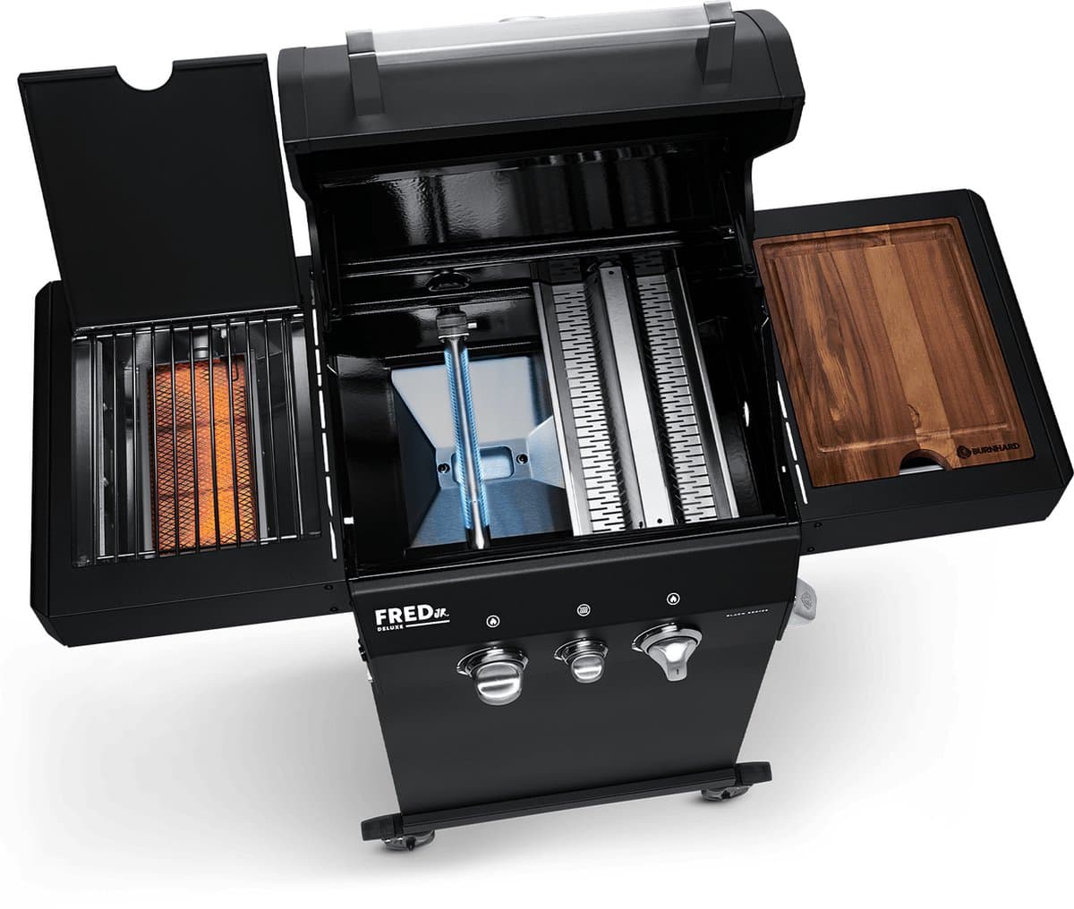 BURNHARD® 2 Branders gasbarbecue FRED Jr. Black Series 3, incl. 900°C keramische infraroodbrander, gietijzeren grillrooster + inklapbare zijtafels thumbnail 3