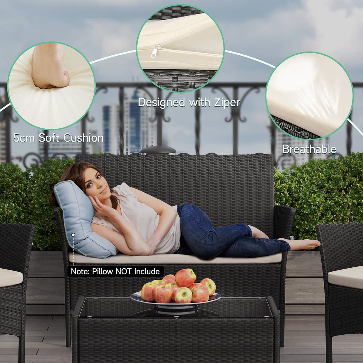 Loungesets - BIGZZIA Tuinmeubelset - 4 met - met 2 fauteuils, 1 bank en 1 tafel - Zwart thumbnail 5