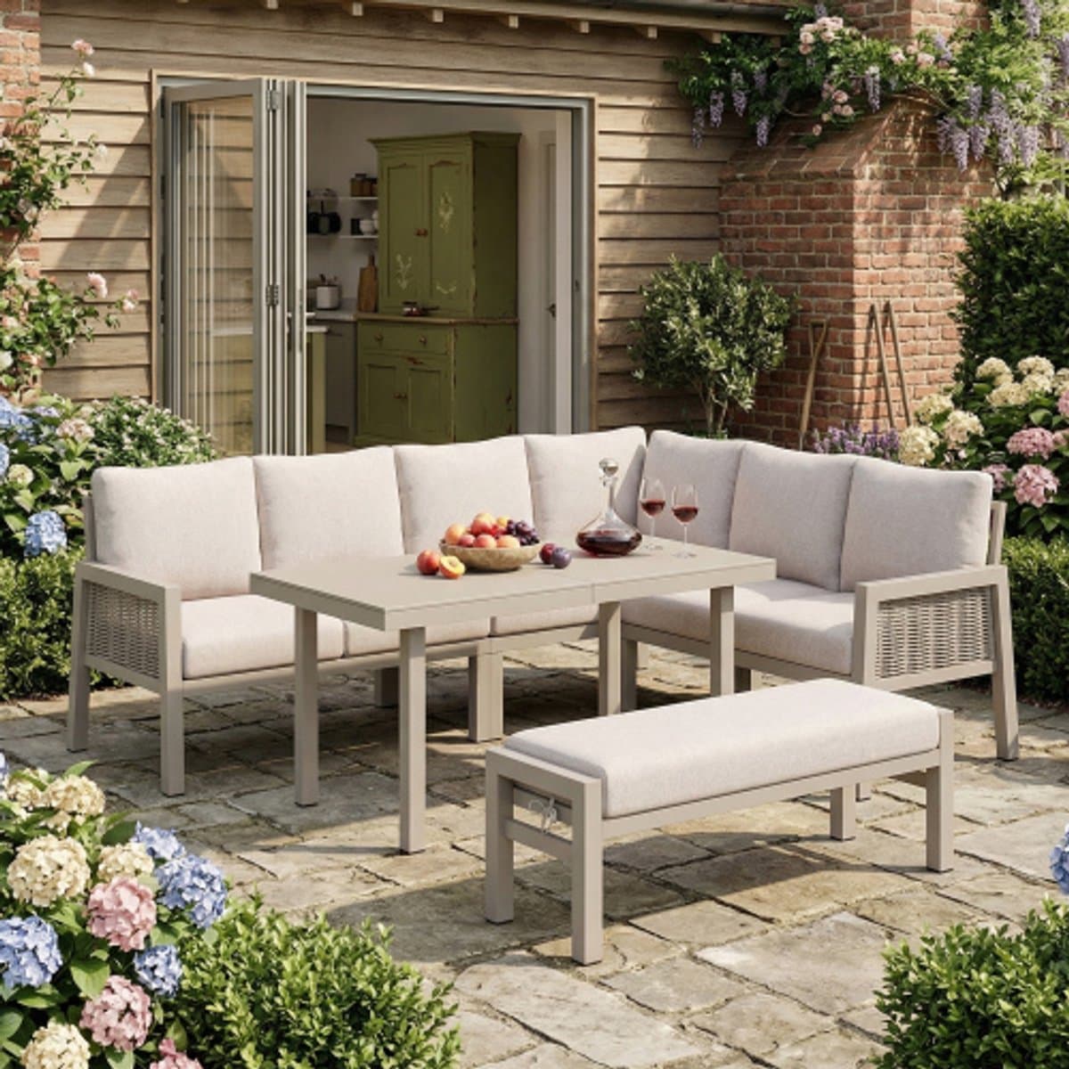 Tuinset 8 Personen met Hoekbank en Eettafel - Loungeset Tuin met Bank, Glazen Tafelblad en Gevlochten Touwdetails - Weerbestendige Tuinmeubelen - Khaki thumbnail 2