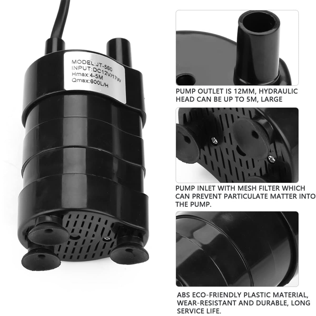 Allecto - Submersible waterpomp - Brushless techniek - Compact en krachtig - Zwart - 600L/h - Ideaal voor vijvers en tuinen - Duurzaam model thumbnail 3