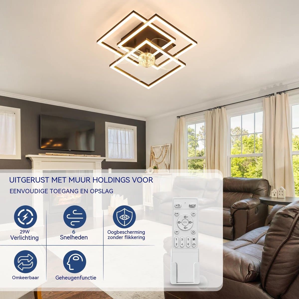 Glitzerlife - Plafond ventilator met verlichting - Modern Dimbaar Led Licht - Stille plafondventilator - 6 Snelheden Omkeerbaar - Nachtlicht Timer Geheugenfunctie - 37 Cm - Zwart thumbnail 8