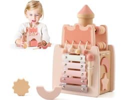 Houten Activiteiten Kubus - Motoriek Speelgoed - Baby Ontwikkeling - 5-in-1 Educatief - 10 x 5 x 10 cm - Roze