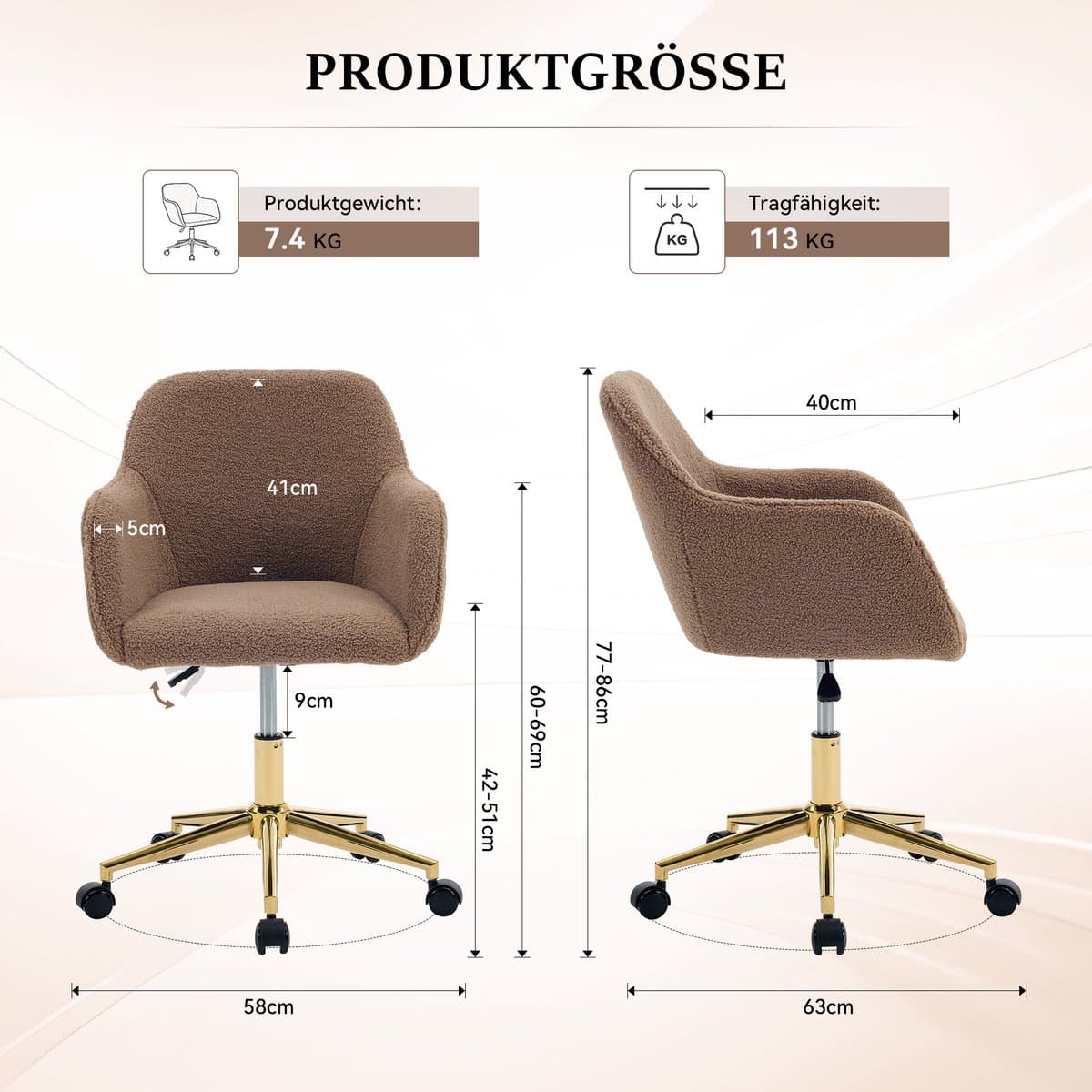 MIVRAY Bureaustoel Teddystof Met Verstelbare Zithoogte, 360° Draaibaar, Gouden Onderstel, Voor Thuiswerk En Kantoor, Bruin thumbnail 2