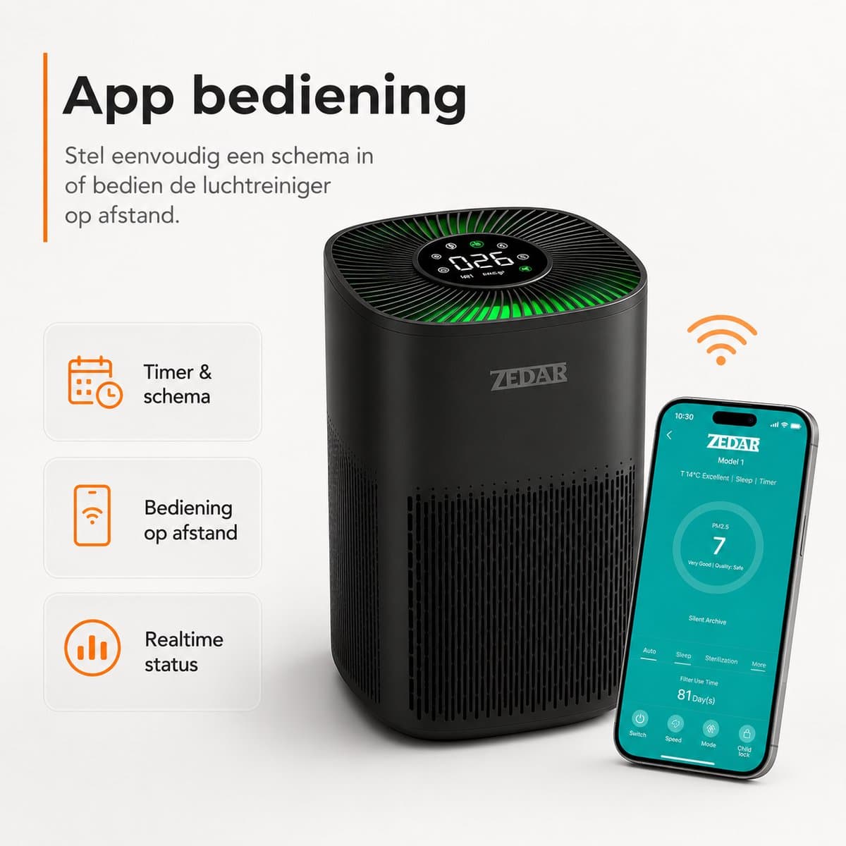 Luchtreiniger / Air Purifier met APP en HEPA 13 filter + koolstoffilter - Werkt tegen huisstofmijt, hooikoorts, allergie, stof, - 210 m³/u - Zedar L600 thumbnail 2