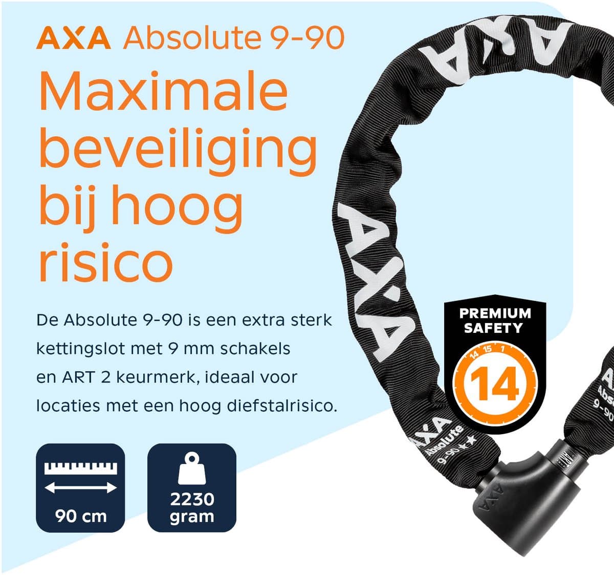 AXA Absolute 9-90 ART 2 Kettingslot – 90 cm – Fietsslot met keurmerk – Sterk slot met stalen ketting – Voor elektrische fiets, fatbike en bakfiets – Inclusief sleutelservice thumbnail 6