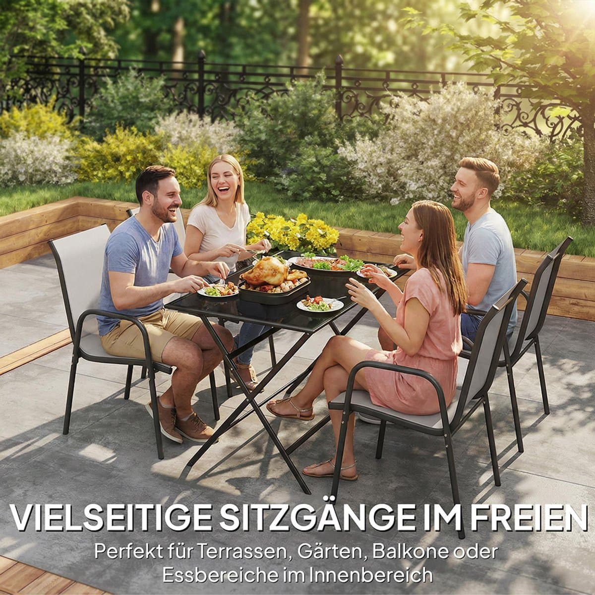 Pugsdrly Tuinstoelen, set van 4 stapelbare terrasstoelen met ademende rugleuning, armleuningen, draagvermogen 120 kg thumbnail 8