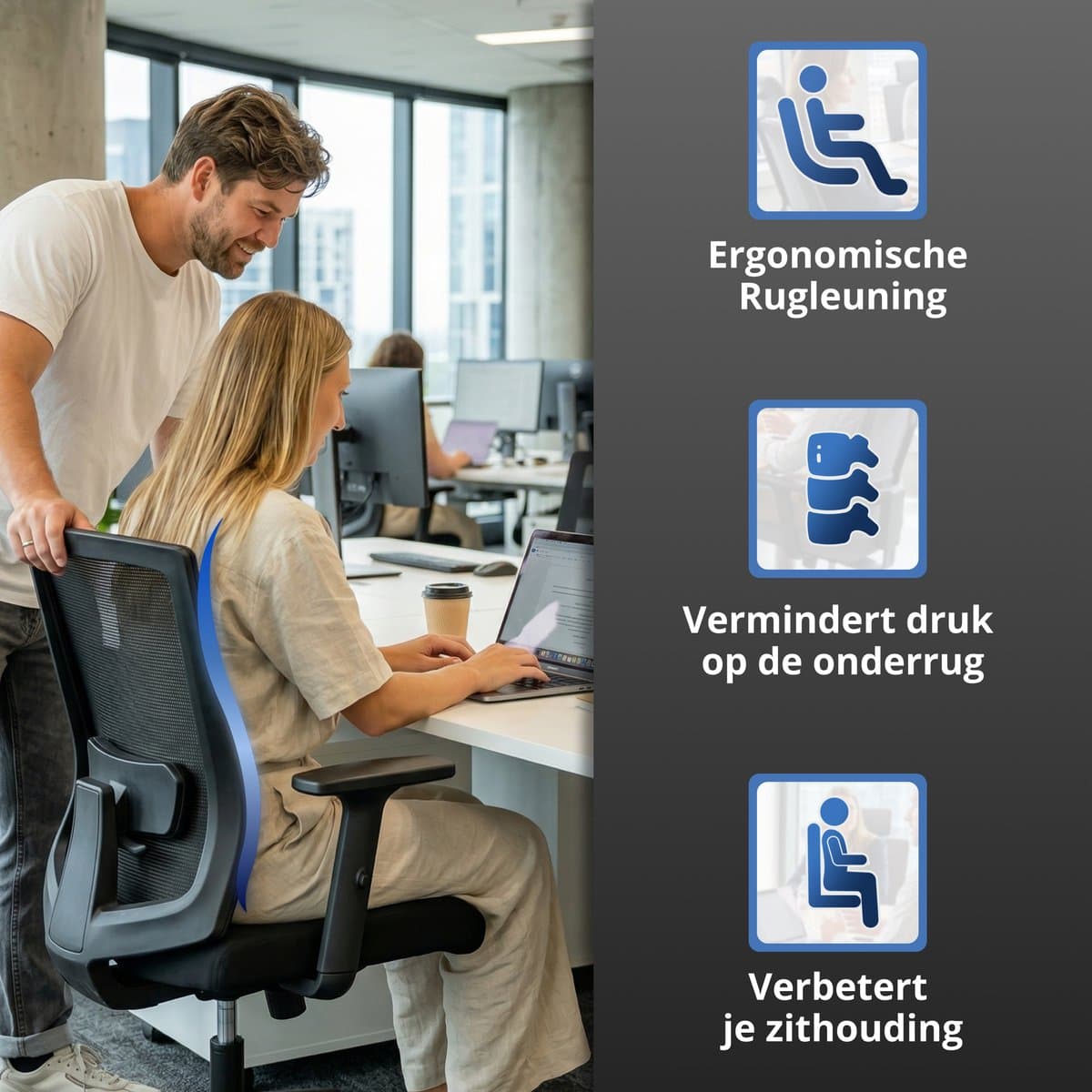 Backerz Ergonomische Bureaustoel - Bureaustoelen voor Volwassenen tot 140kg - Low Back Office Chair - NEN-EN1335 - Zwart thumbnail 8