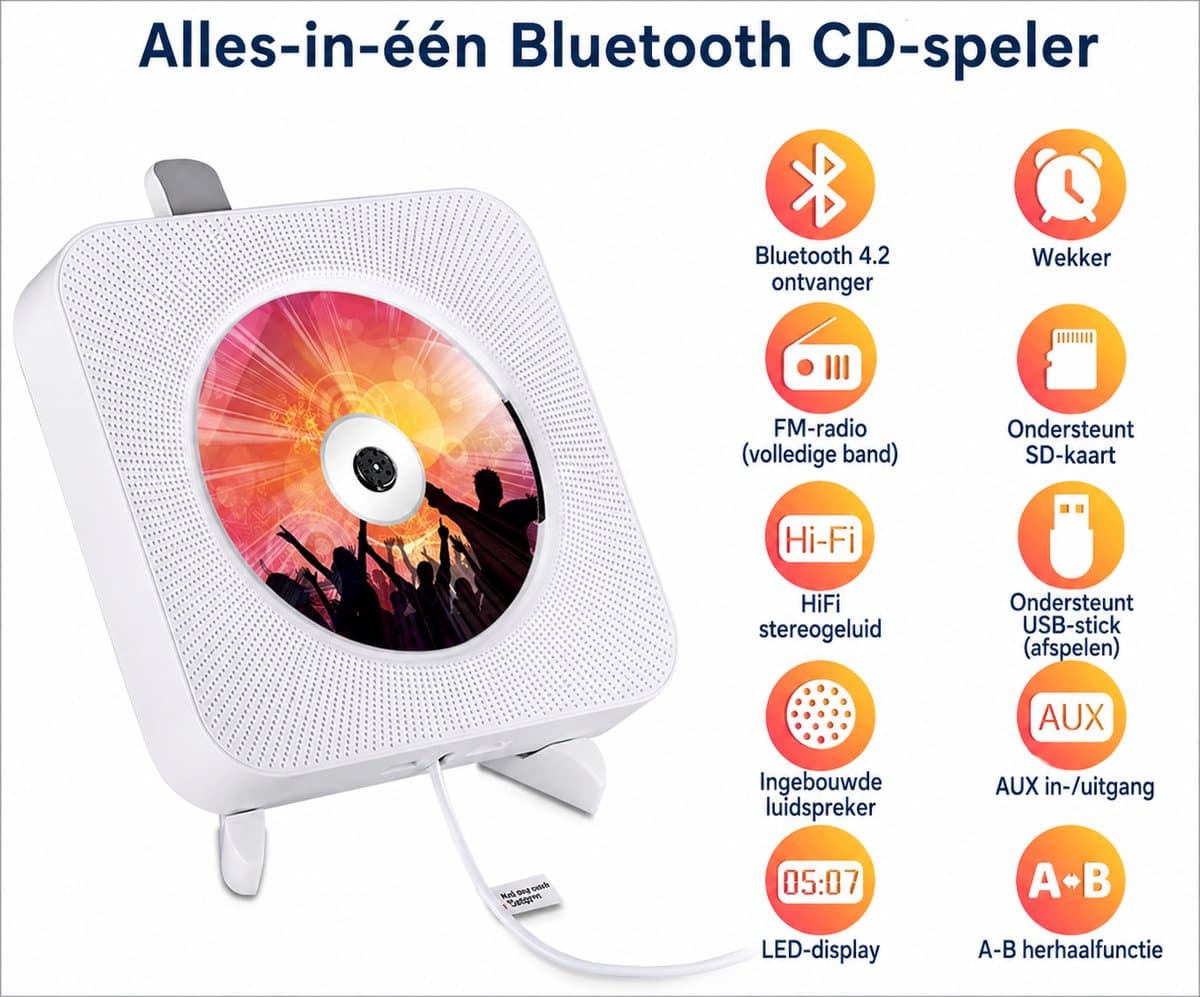 WINNES Draagbare CD speler met Bluetooth, Wandmontage CD-spelers Muziekspeler Home Audio Boombox met afstandsbediening FM-radio Ingebouwde HiFi-luidsprekers LCD-scherm MP3-koptelefoonaansluiting AUX-ingang Uitgang thumbnail 4
