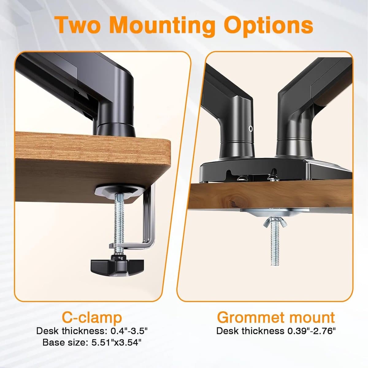 Dubbele monitorarmen, gasveer monitorarmen voor 2 monitoren tot 34 inch gebogen/plat, 22 lbs per arm, VESA-montage 75x75 100x100mm, C-klem en doorvoerbasis, verstelbare kantel/draaibaar/rotatie thumbnail 2