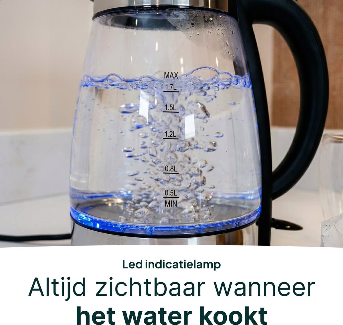 Vivid Green Glazen Waterkoker - 1.7L – 2200W - PFAS-vrij - Kalkfilter - Led Verlichting - Glas thumbnail 7