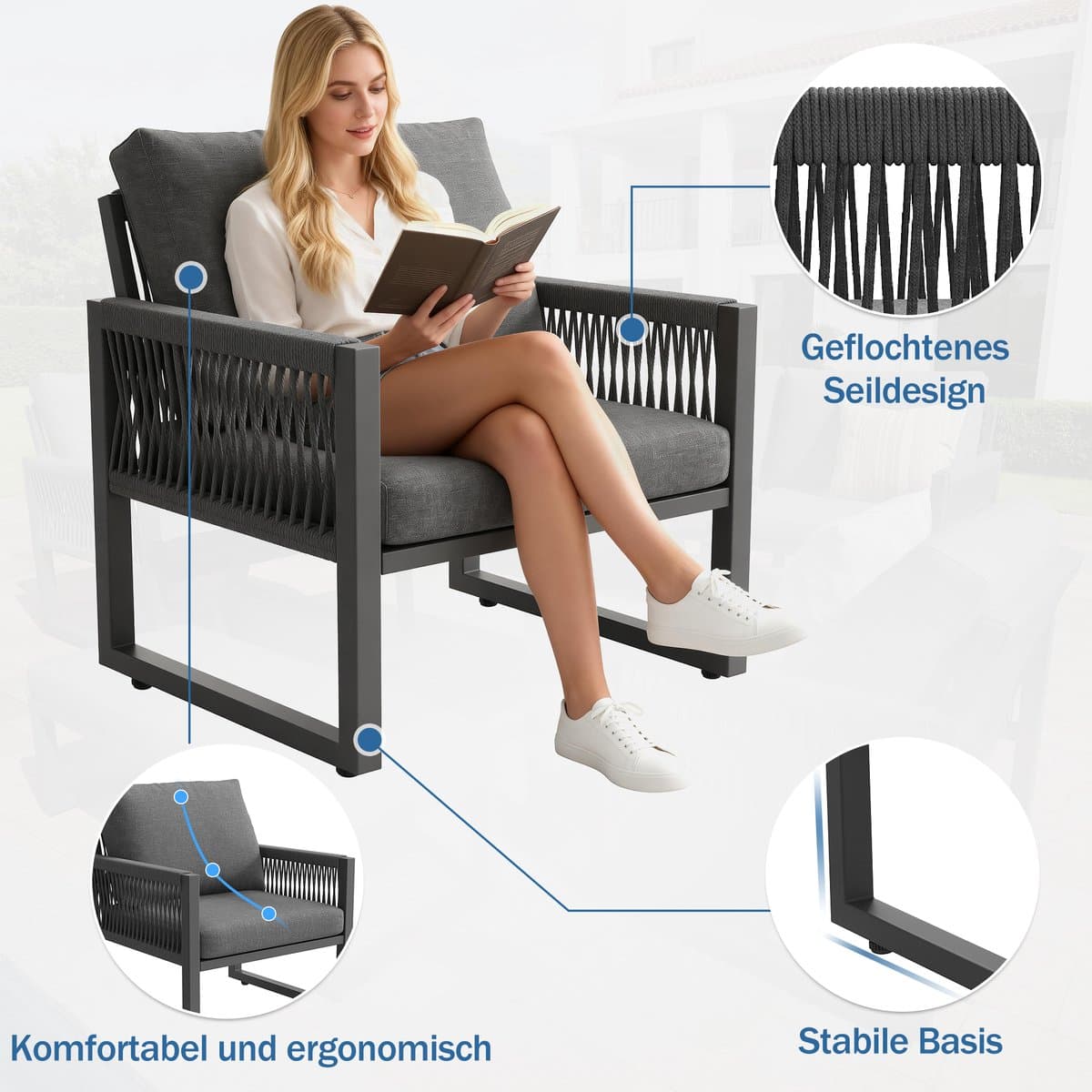 Loungeset Tuin 6-7 Personen met Eettafel - Tuinmeubelset met 3-Zits Bank, 2 Fauteuils en Bankje - Weerbestendige Lounge Dining Set voor Tuin, Terras en Balkon - Grijs thumbnail 4