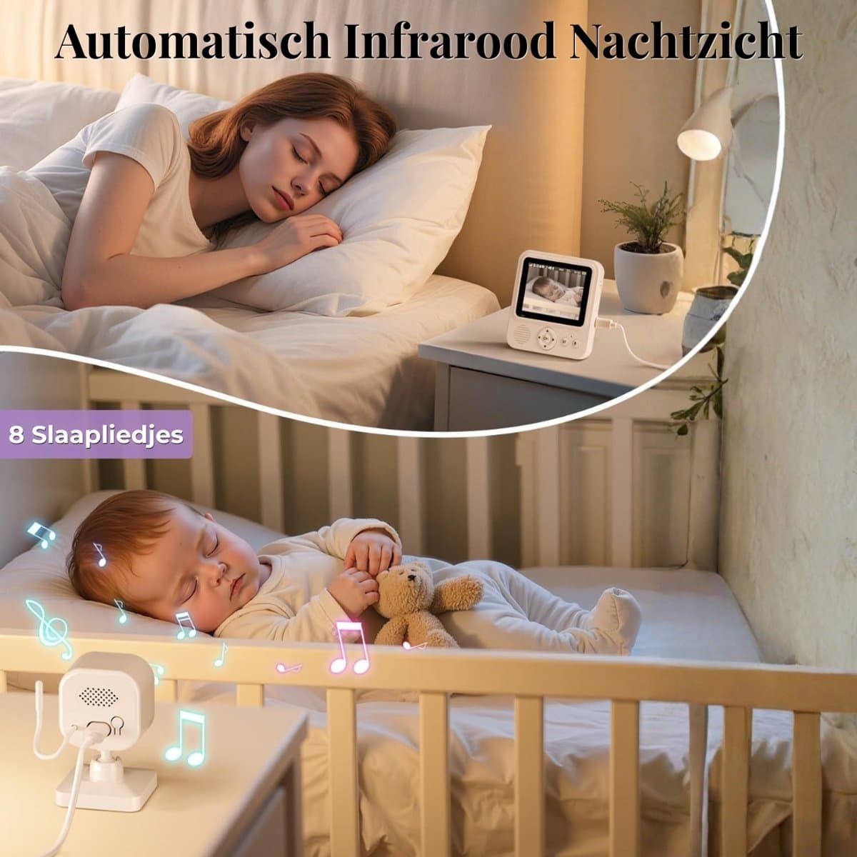Babyfoon met camera 720p IPS-video, babyfoon zonder wifi, 2000mAh-batterij, VOX-modus, nachtzicht, temperatuuralarm, intercomfunctie, digitale zoom, 8 slaapliedjes en 5 wekkers. thumbnail 5
